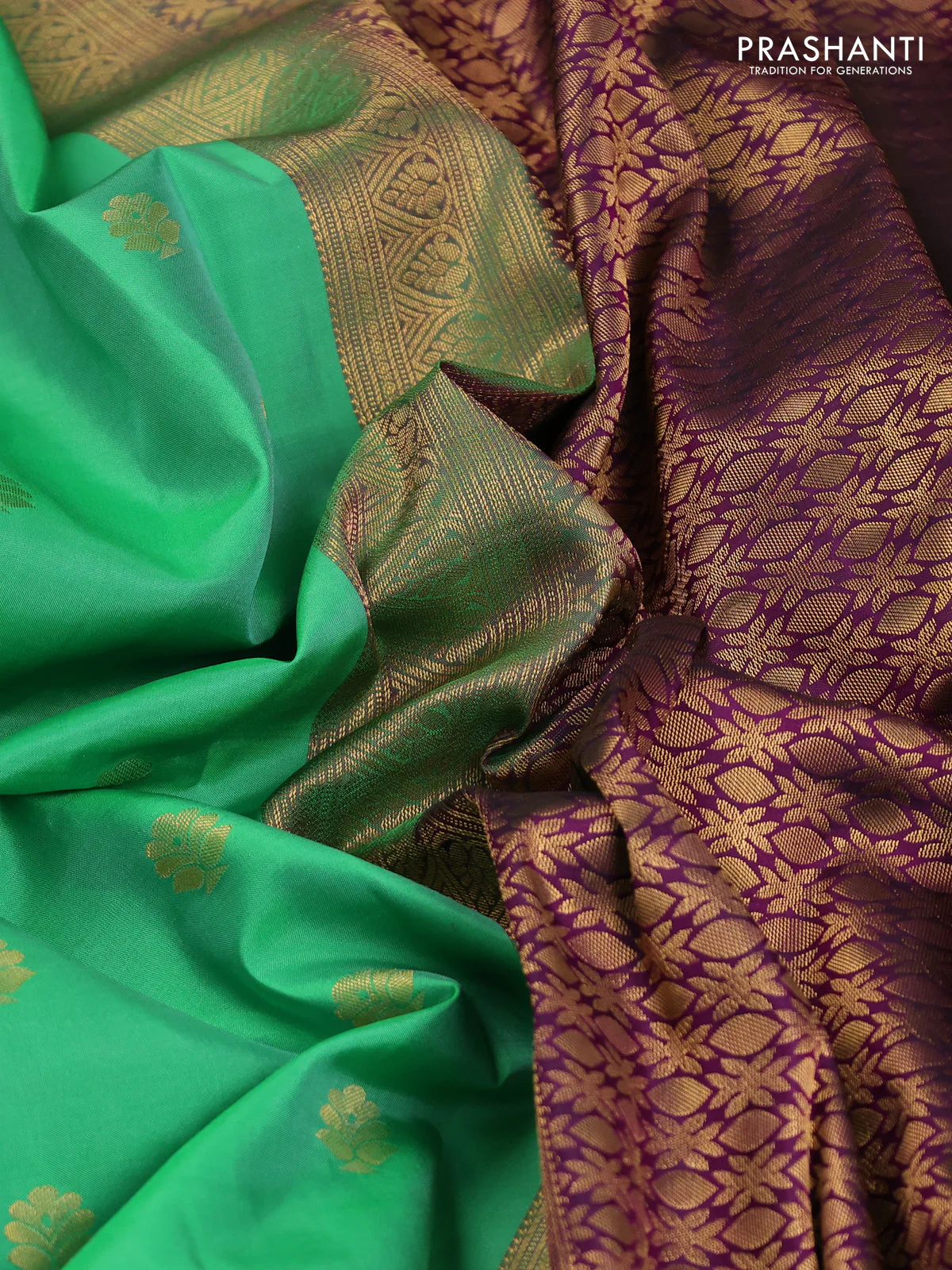 Pure kanchipuram silk saree teal green and purple with zari woven buttas and rich zari woven korvai border - Image 3