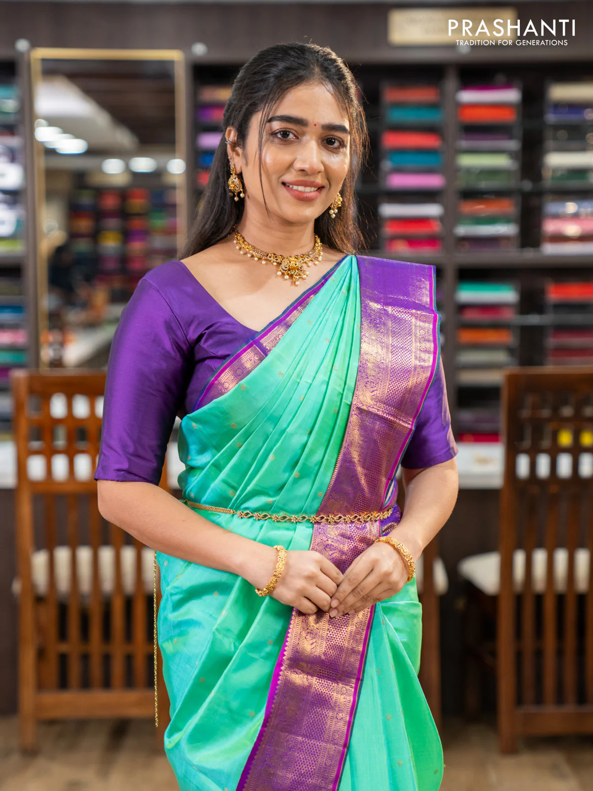 Pure kanchipuram silk saree teal green and purple with zari woven buttas and zari woven korvai border - Image 2