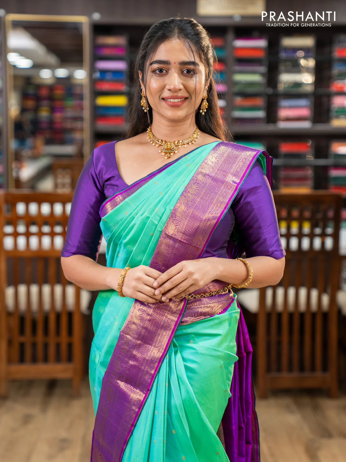 Pure kanchipuram silk saree teal green and purple with zari woven buttas and zari woven korvai border - Image 3
