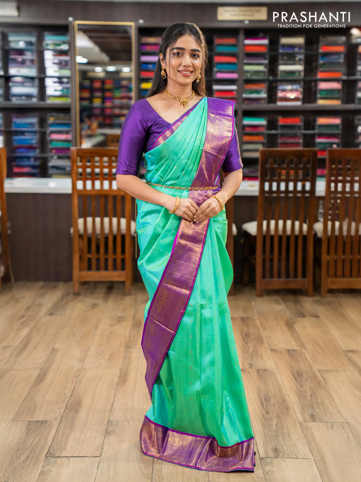 Pure kanchipuram silk saree teal green and purple with zari woven buttas and zari woven korvai border - Image 4