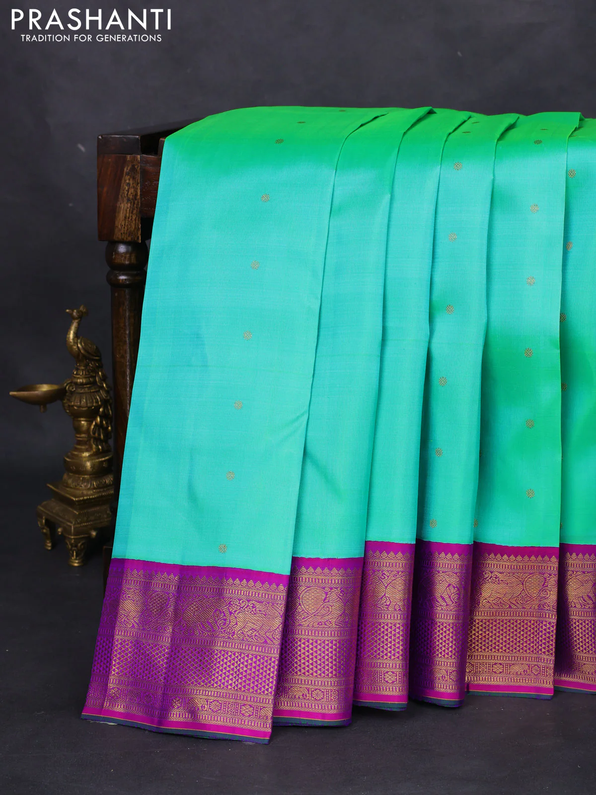 Pure kanchipuram silk saree teal green and purple with zari woven buttas and zari woven korvai border - Image 5