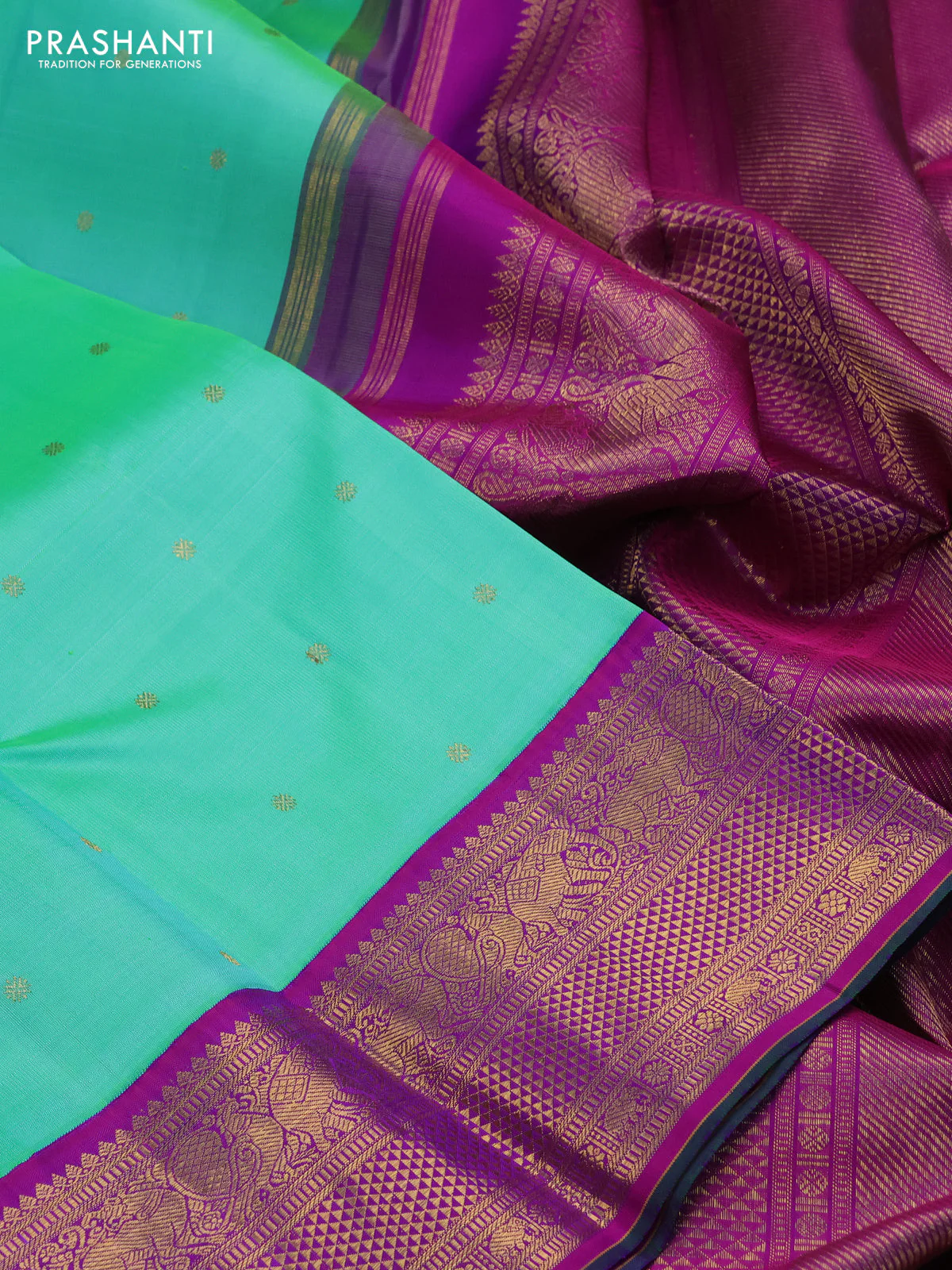 Pure kanchipuram silk saree teal green and purple with zari woven buttas and zari woven korvai border - Image 7