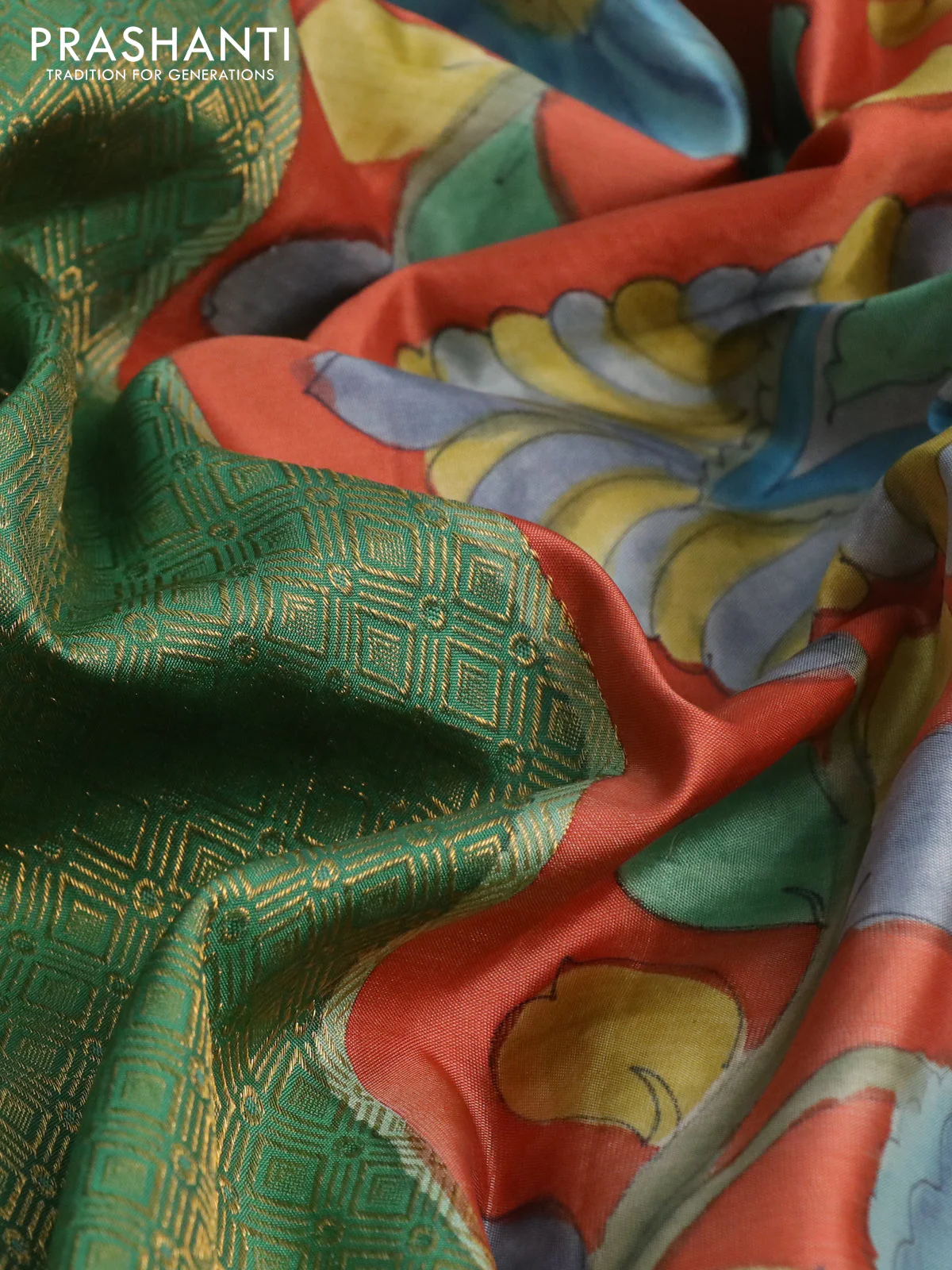 Pure kanchipuram silk saree teal green and rustic orange with allover zari woven geometric brocade weaves and kalamkari printed pallu & border - Image 3