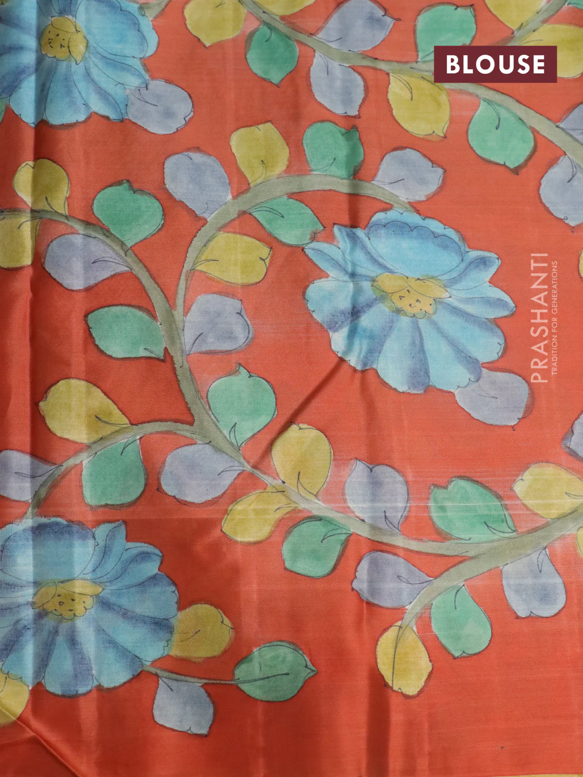 Pure kanchipuram silk saree teal green and rustic orange with allover zari woven geometric brocade weaves and kalamkari printed pallu & border - Image 4