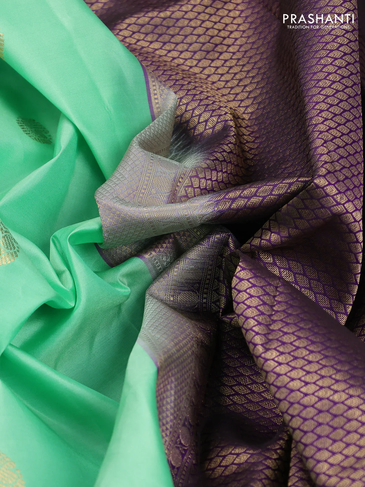 Pure kanchipuram silk saree teal green and violet with zari woven buttas and rettapet zari woven korvai border - Image 3