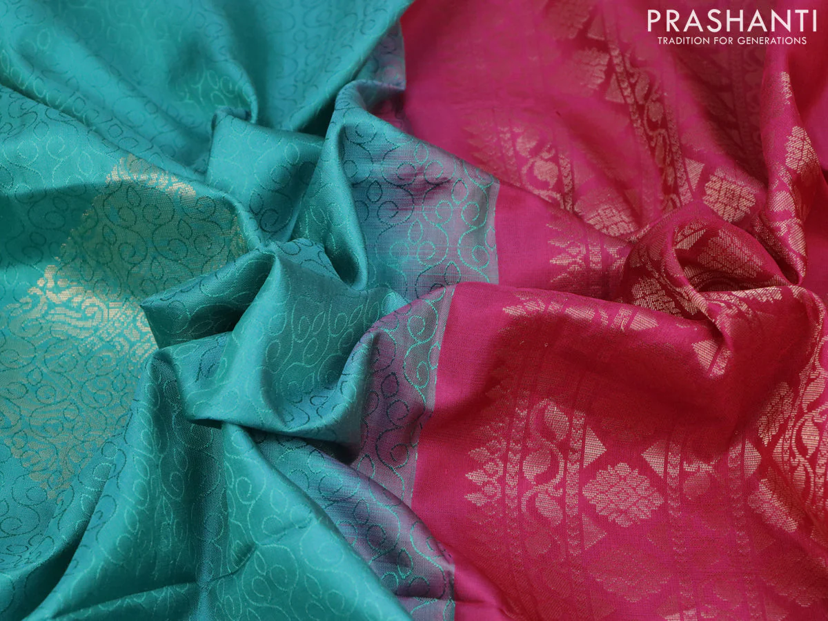 Pure kanchipuram silk saree teal green shade and pink with allover self emboss and zari woven butta border & aari work blouse - Image 3