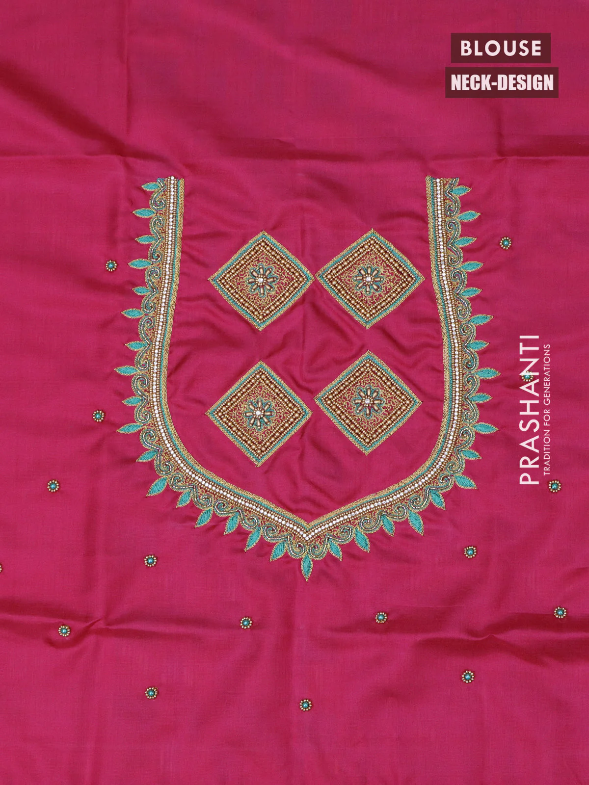 Pure kanchipuram silk saree teal green shade and pink with allover self emboss and zari woven butta border & aari work blouse - Image 4