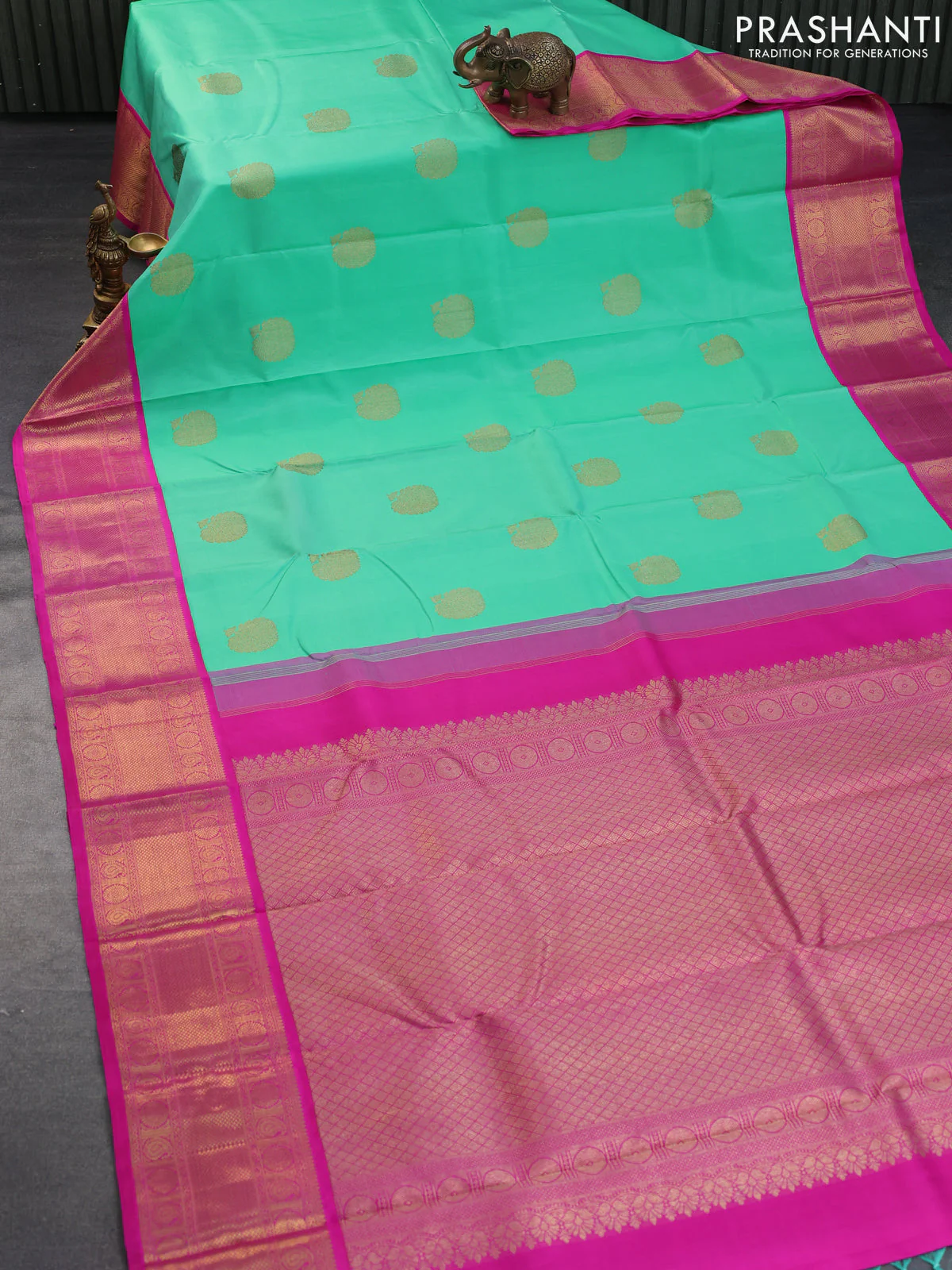 Pure kanchipuram silk saree teal green shade and pink with zari woven buttas and long zari woven korvai border - Image 2