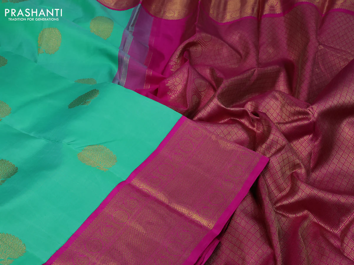 Pure kanchipuram silk saree teal green shade and pink with zari woven buttas and long zari woven korvai border - Image 3