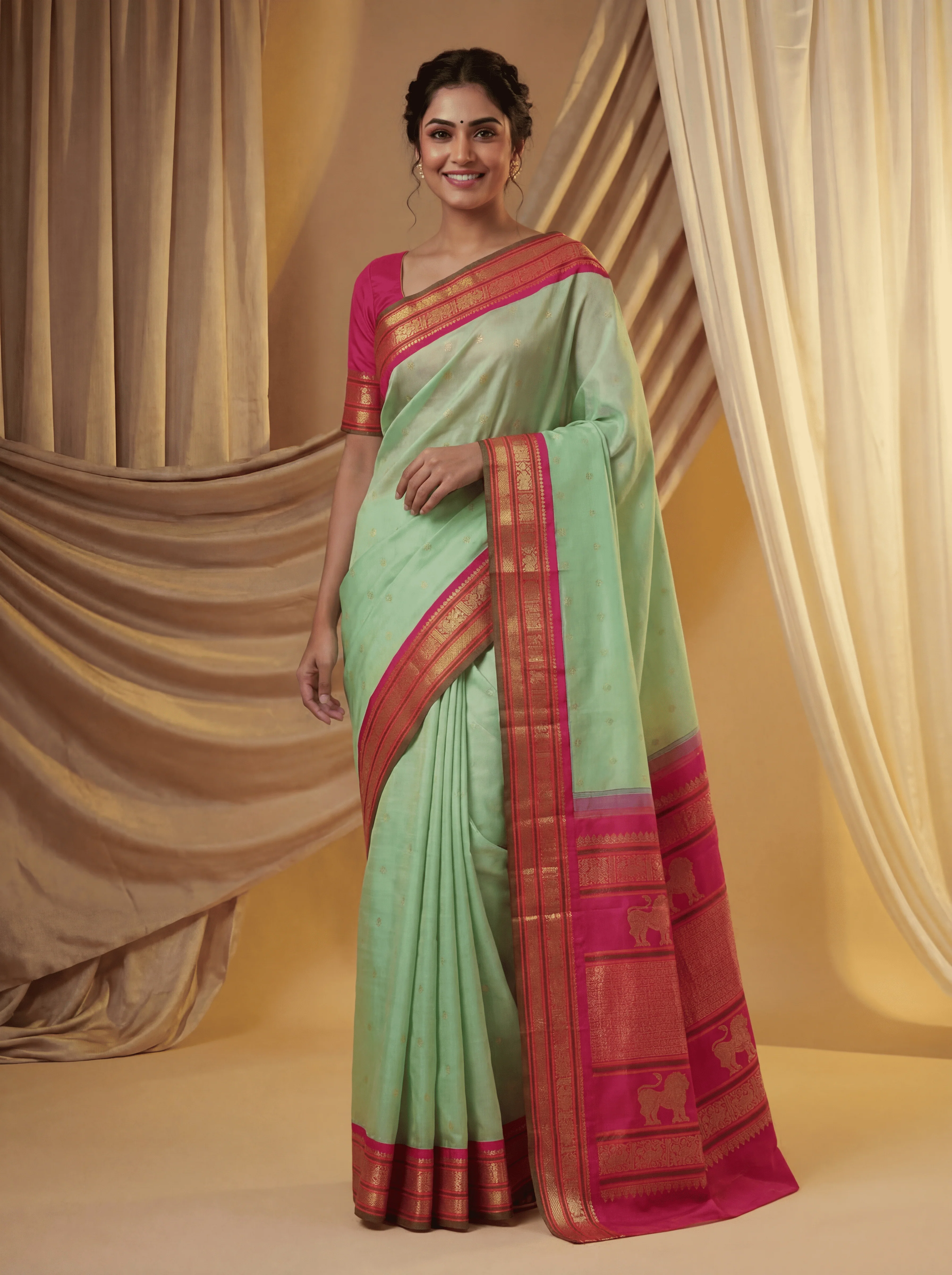 Pure kanchipuram silk saree teal green shade and pink with zari woven buttas and zari woven korvai border