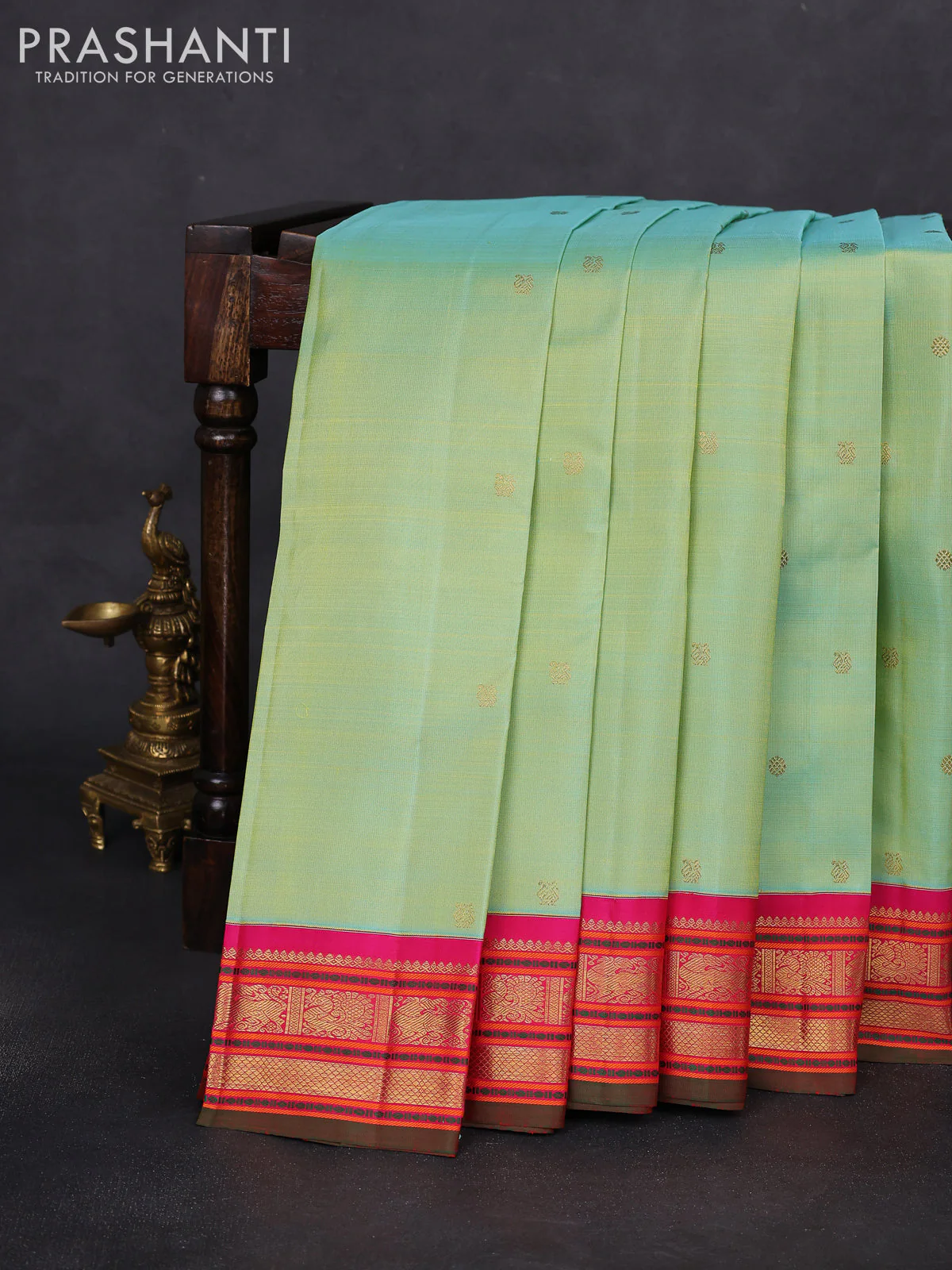 Pure kanchipuram silk saree teal green shade and pink with zari woven buttas and zari woven korvai border - Image 2