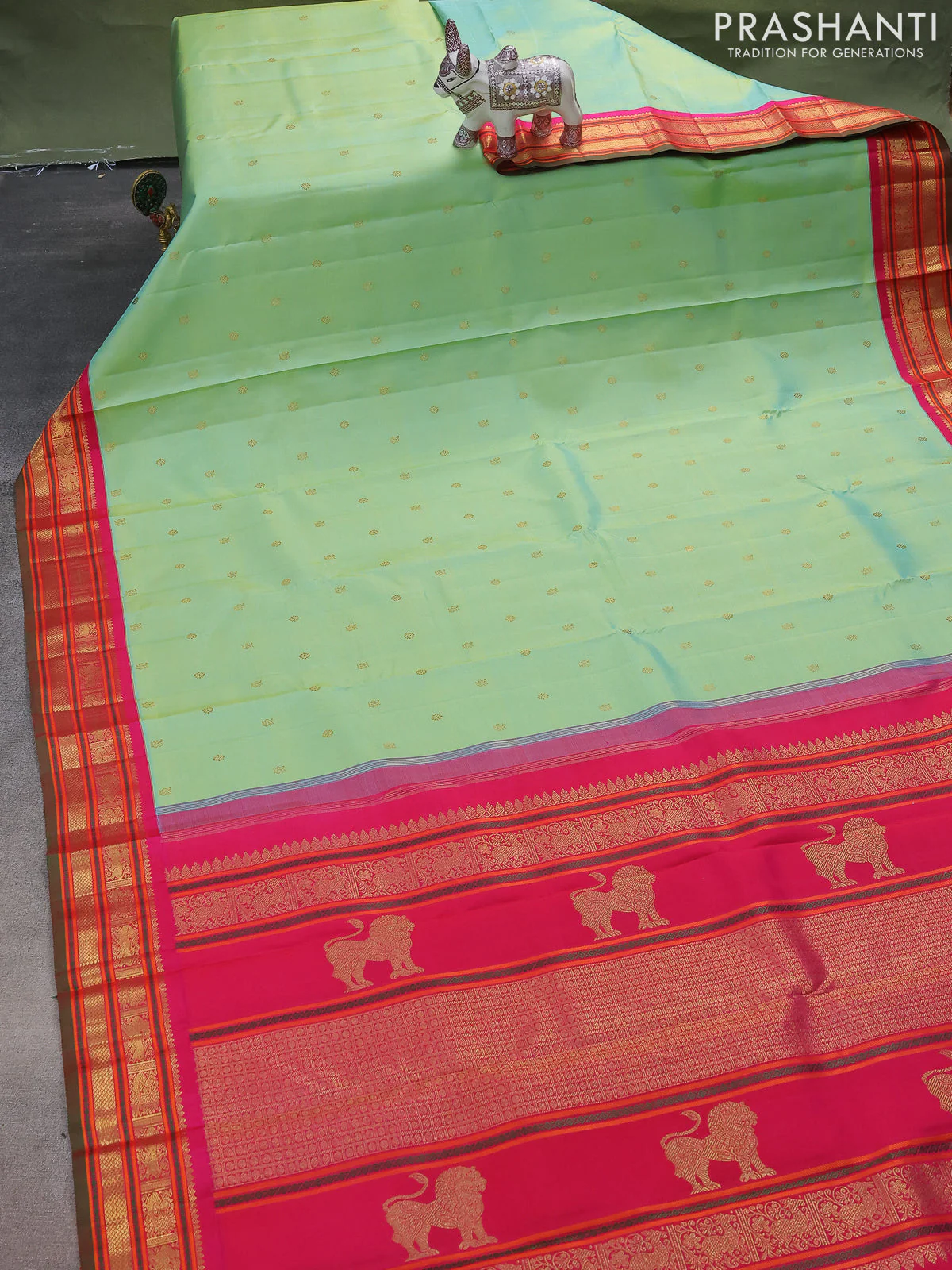 Pure kanchipuram silk saree teal green shade and pink with zari woven buttas and zari woven korvai border - Image 3