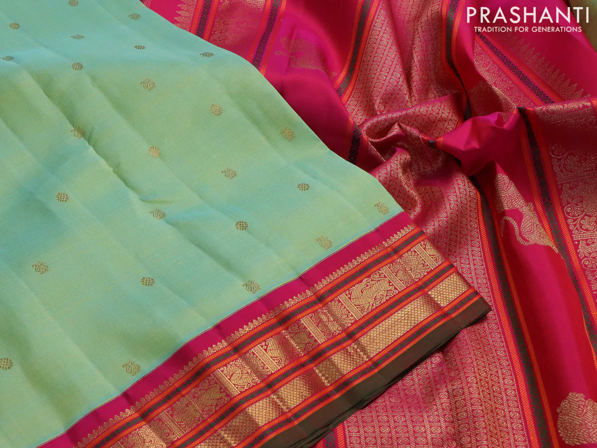 Pure kanchipuram silk saree teal green shade and pink with zari woven buttas and zari woven korvai border - Image 4