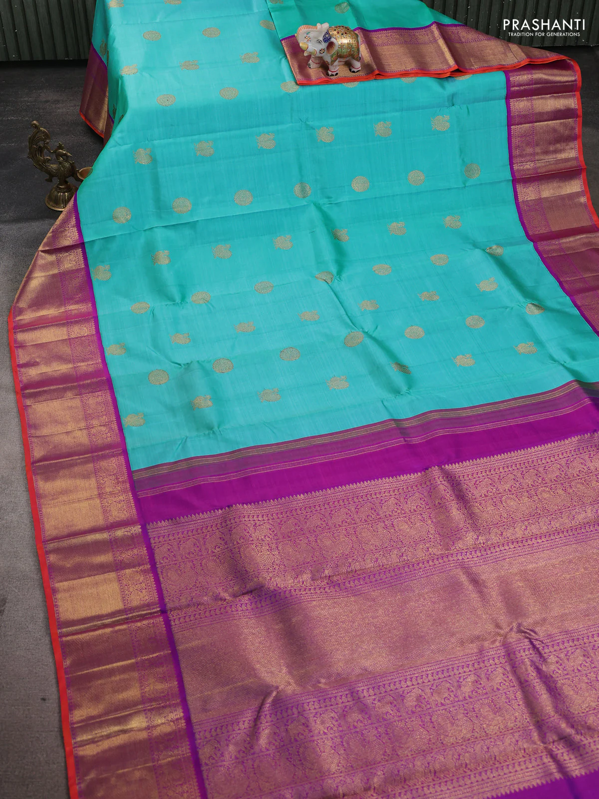 Pure kanchipuram silk saree teal green shade and purple with annam & rudhraksha zari woven buttas and rich zari woven korvai border - Image 2