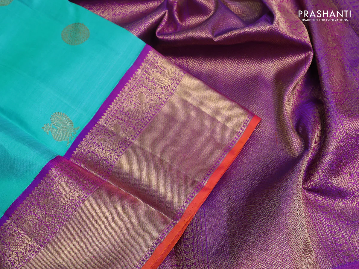 Pure kanchipuram silk saree teal green shade and purple with annam & rudhraksha zari woven buttas and rich zari woven korvai border - Image 3