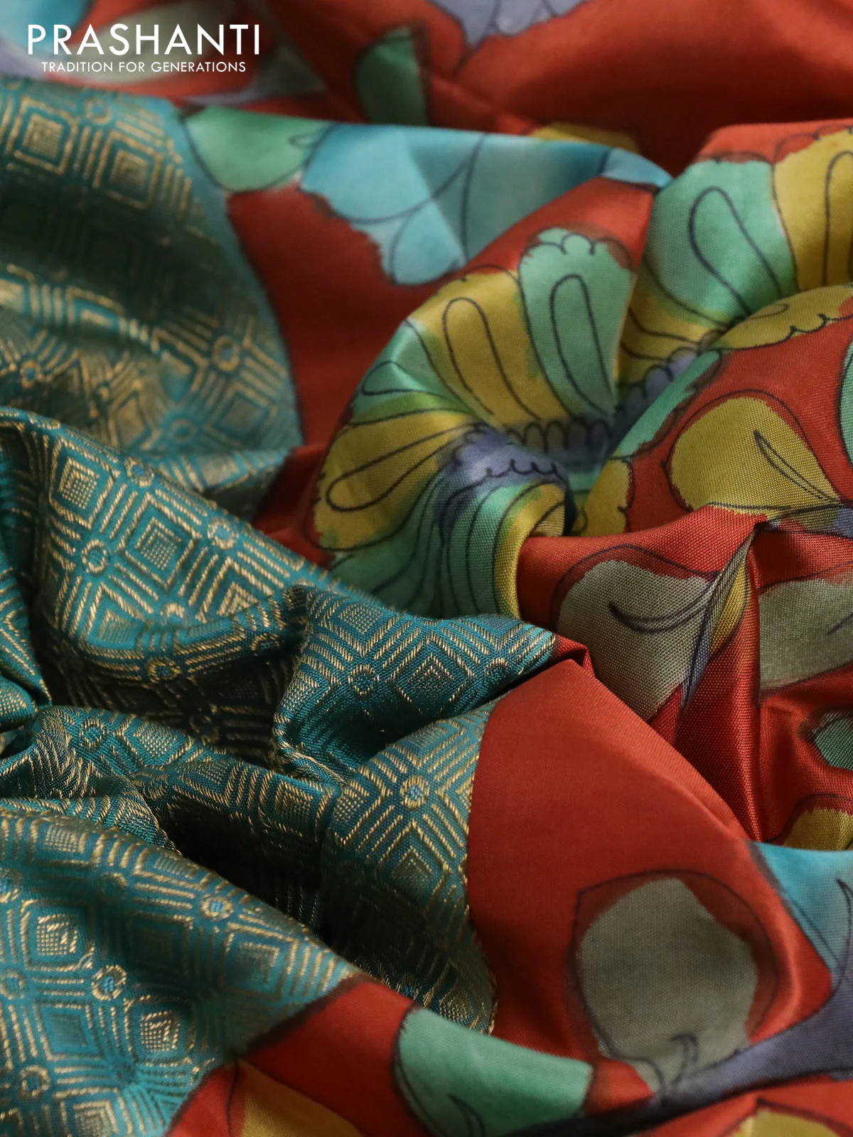 Pure kanchipuram silk saree teal green shade and rustic orange with allover zari woven geometric brocade weaves and kalamkari printed pallu & border - Image 3