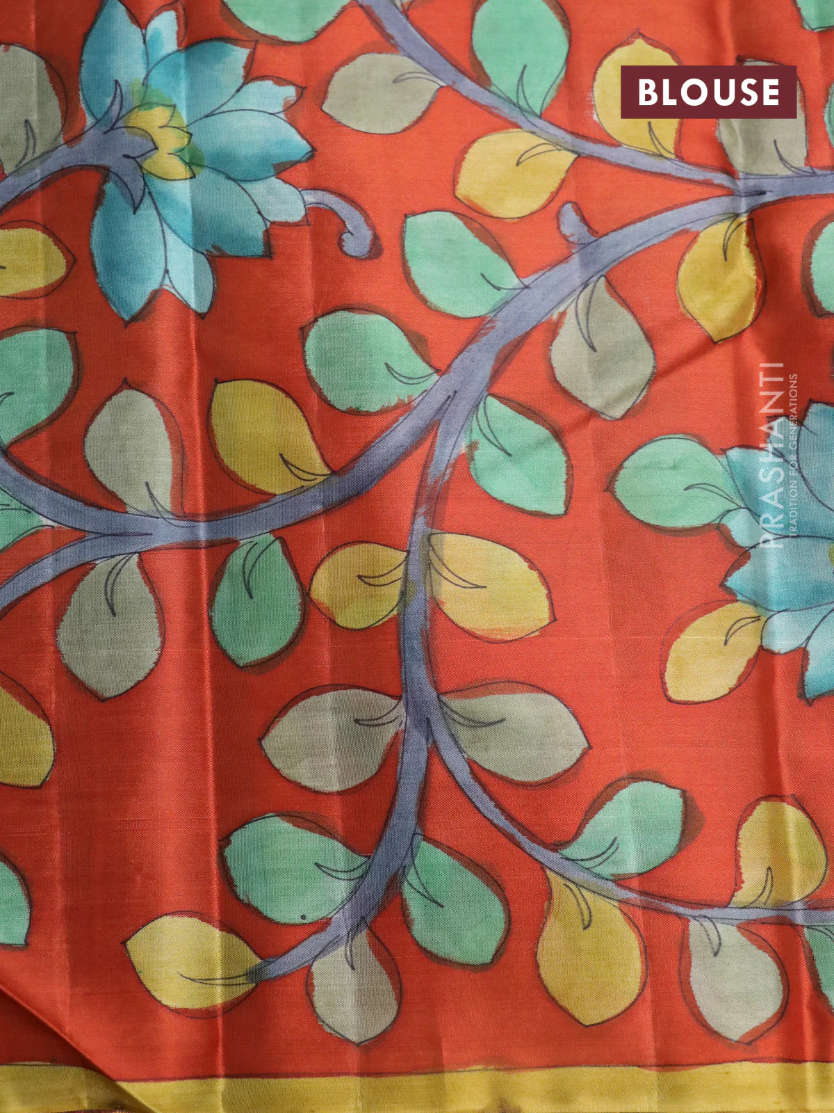 Pure kanchipuram silk saree teal green shade and rustic orange with allover zari woven geometric brocade weaves and kalamkari printed pallu & border - Image 4