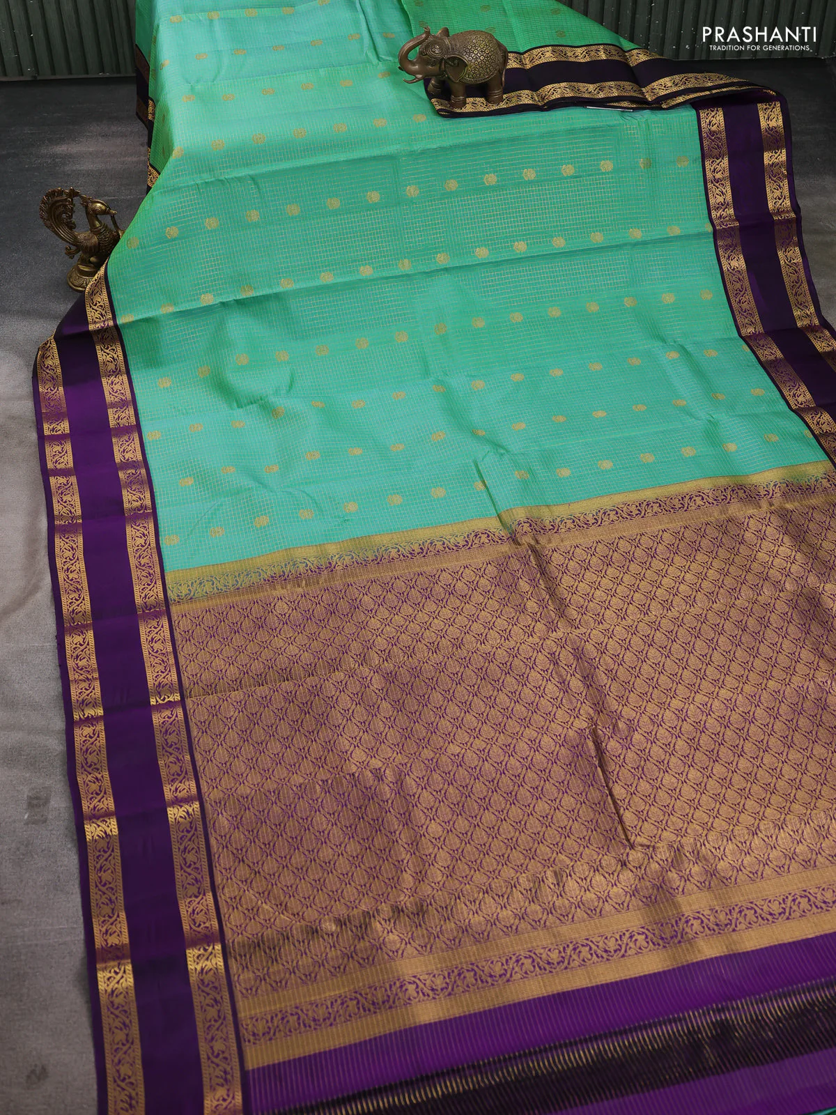 Pure kanchipuram silk saree teal green shade and violet with allover zari checks & buttas and rettapet zari woven korvai border - Image 2