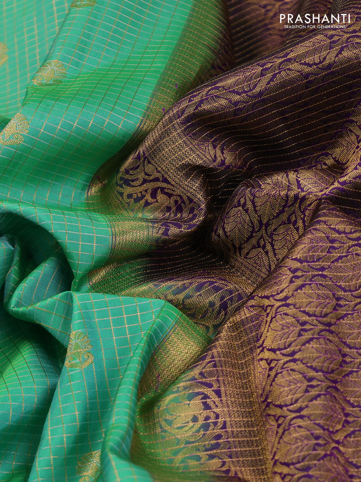 Pure kanchipuram silk saree teal green shade and violet with allover zari checks & buttas and rettapet zari woven korvai border - Image 3