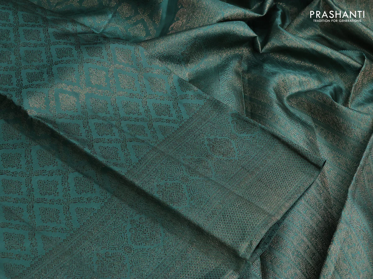 Pure kanchipuram silk saree teal green with allover antique zari weaves and woven border - Image 3