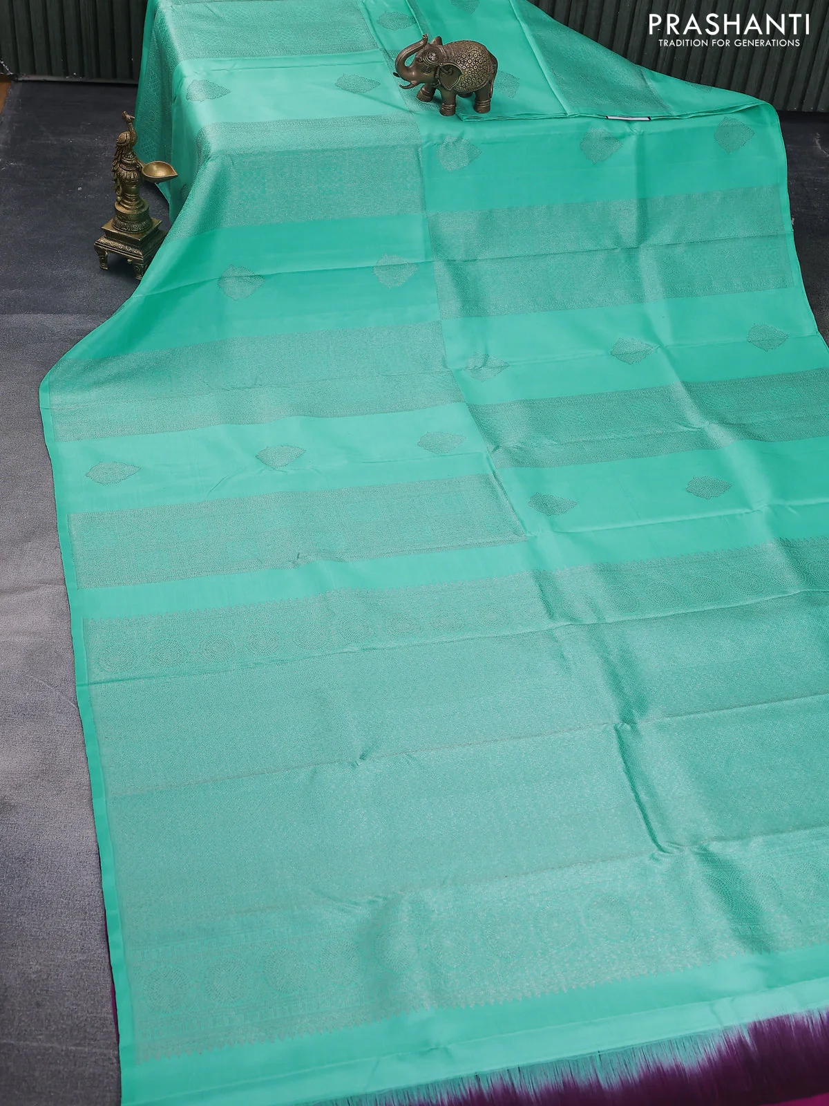 Pure kanchipuram silk saree teal shade and magenta pink with allover zari weaves & buttas in borderless style - Image 2