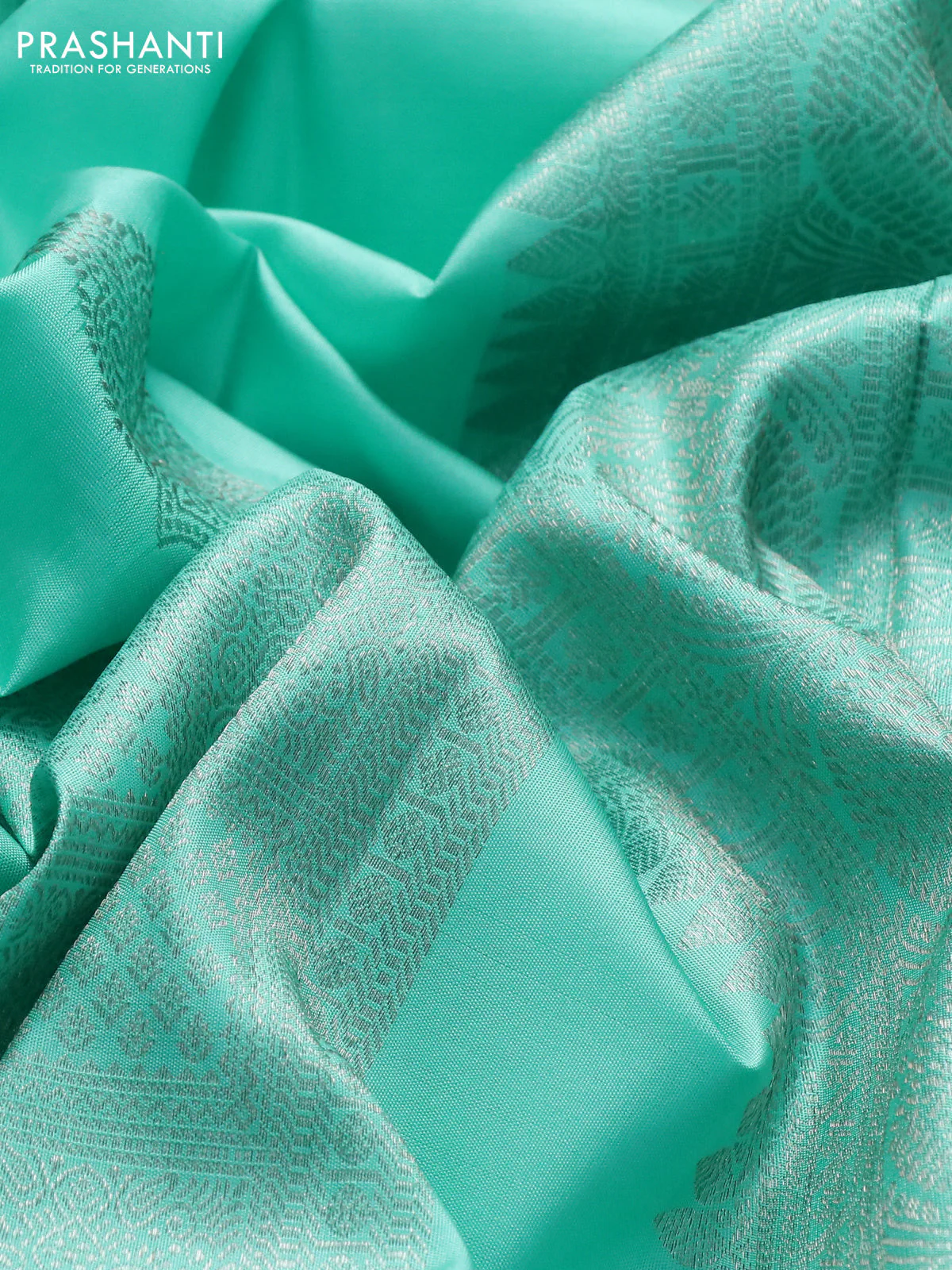 Pure kanchipuram silk saree teal shade and magenta pink with allover zari weaves & buttas in borderless style - Image 3