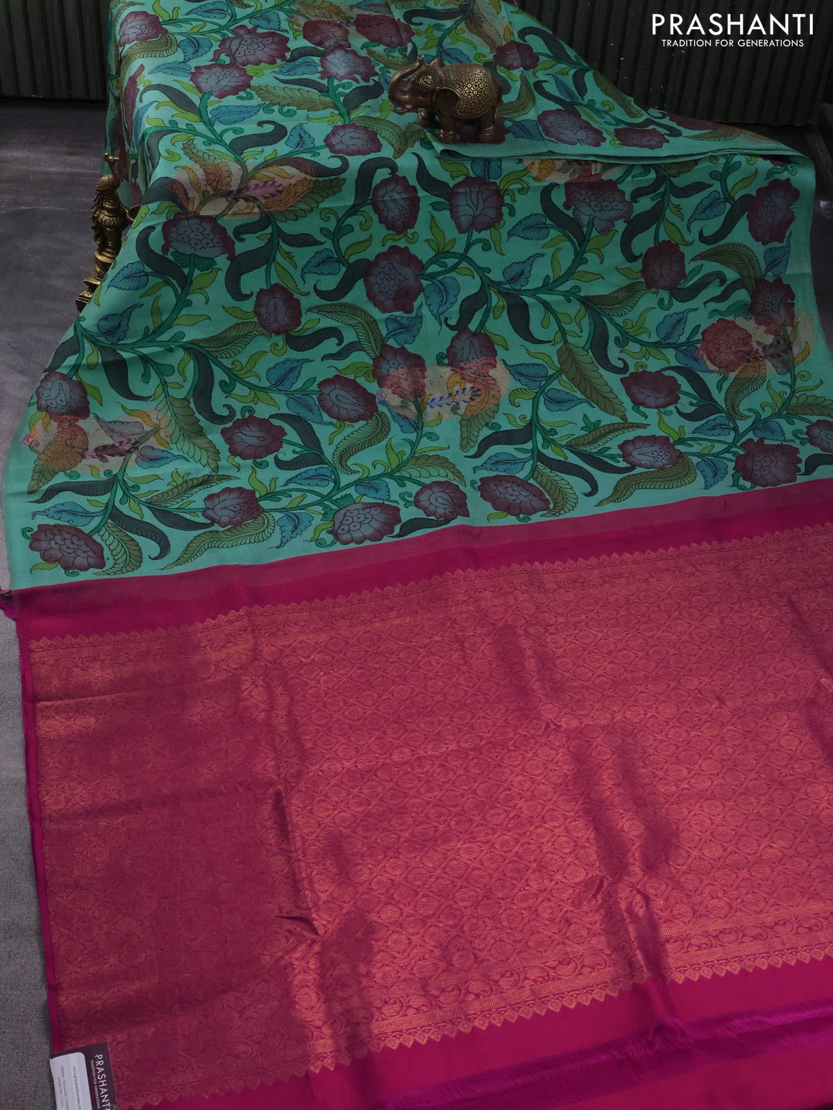 Pure kanchipuram silk saree teal shade and pink with allover pen kalamkari prints in borderless style - Image 2