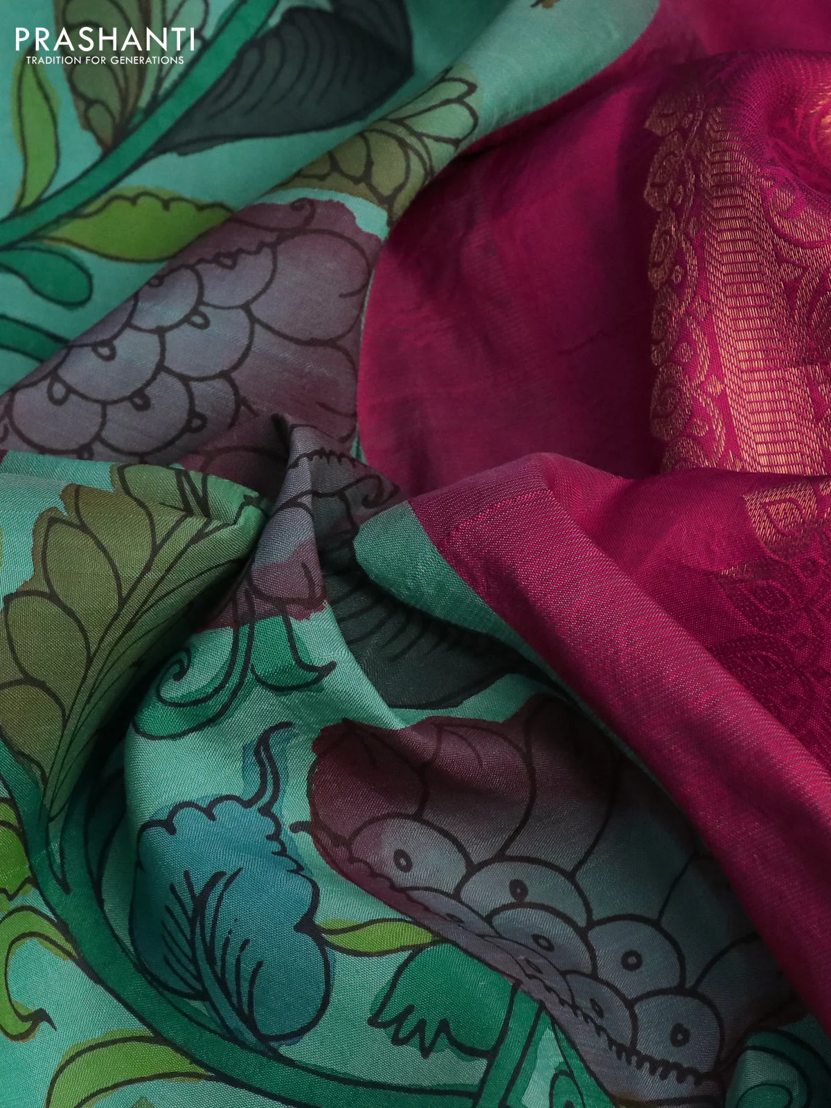 Pure kanchipuram silk saree teal shade and pink with allover pen kalamkari prints in borderless style - Image 3