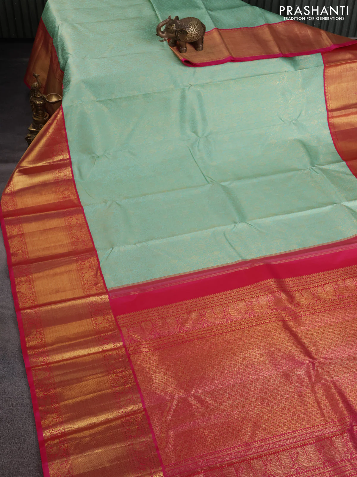 Pure kanchipuram silk saree teal shade and pink with allover zari woven brocade weaves and long zari woven korvai border - Image 2