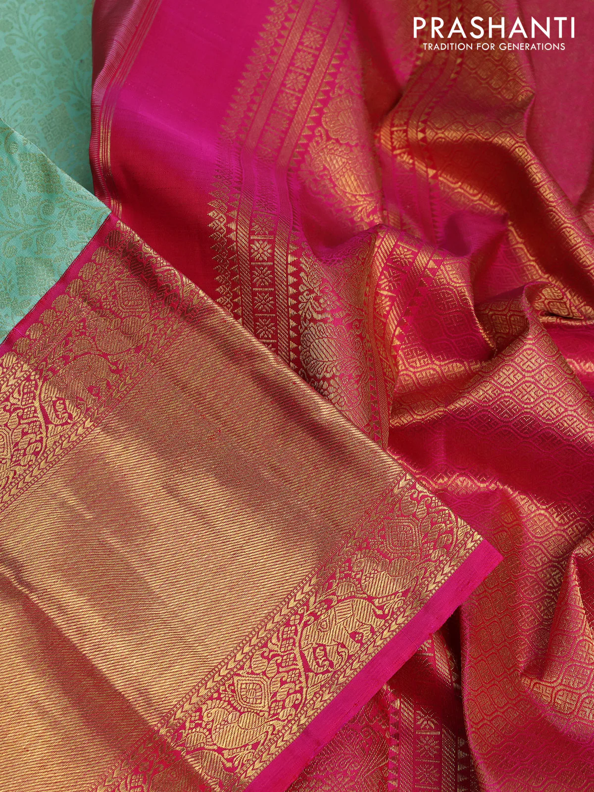 Pure kanchipuram silk saree teal shade and pink with allover zari woven brocade weaves and long zari woven korvai border - Image 3