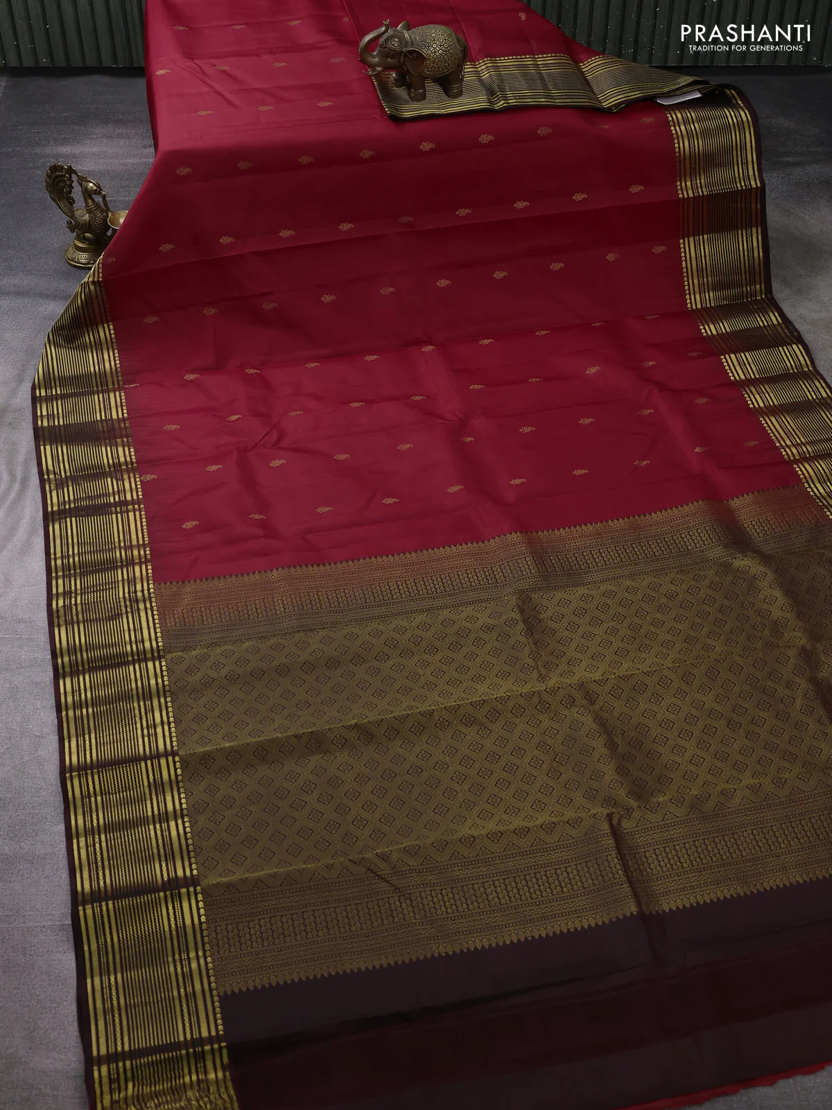Pure kanchipuram silk saree tomato red and coffee brown with zari woven buttas and zari woven border - Image 2