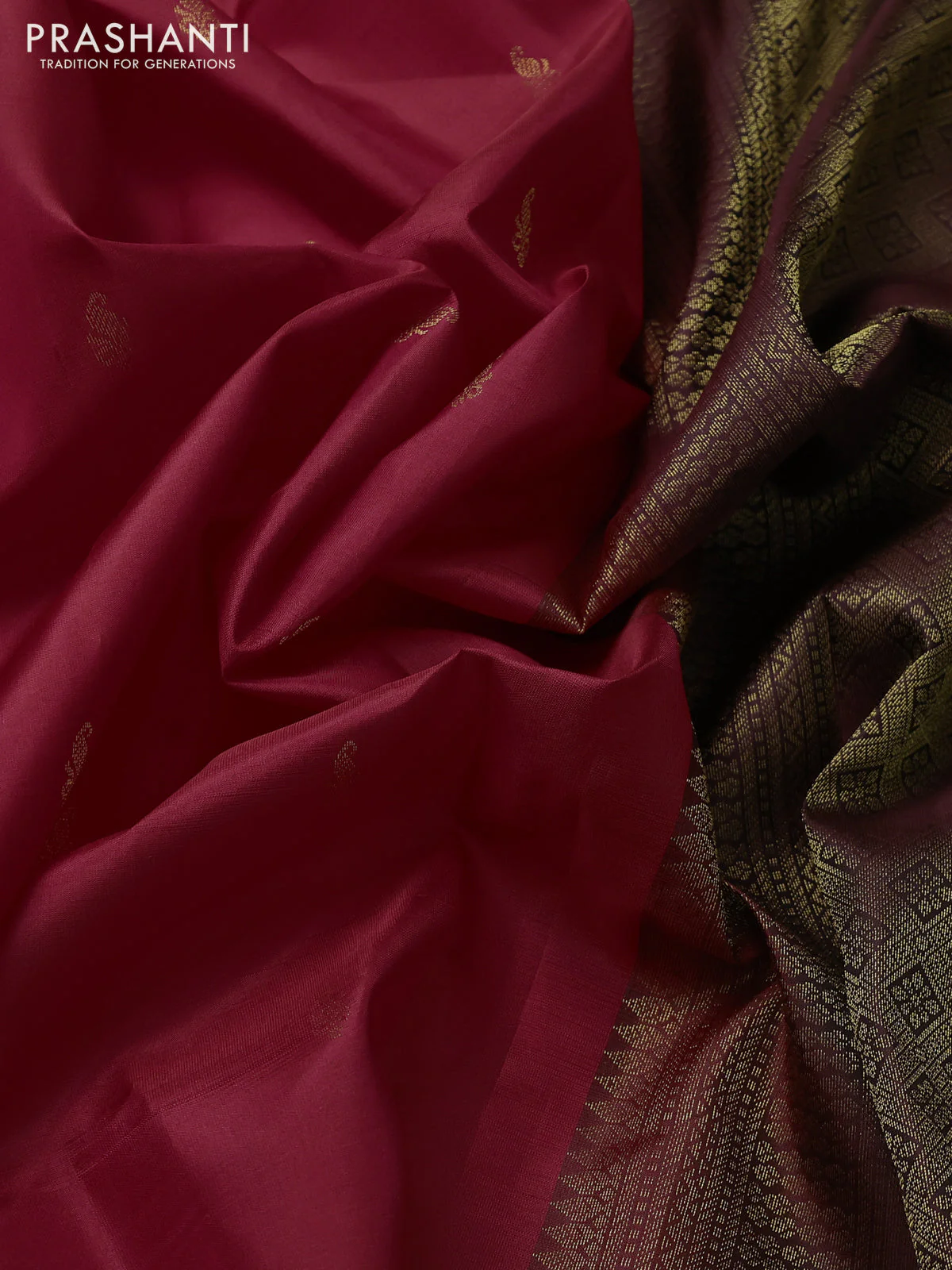 Pure kanchipuram silk saree tomato red and coffee brown with zari woven buttas and zari woven border - Image 3