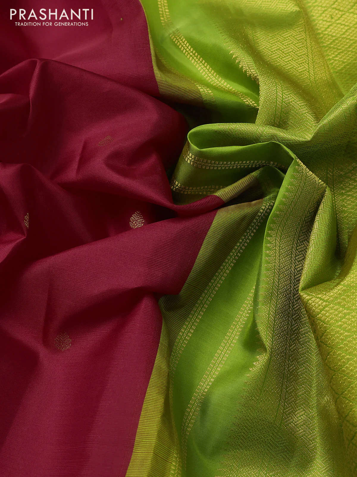 Pure kanchipuram silk saree tomato red and light green with zatri woven buttas and zari woven korvai border - Image 3