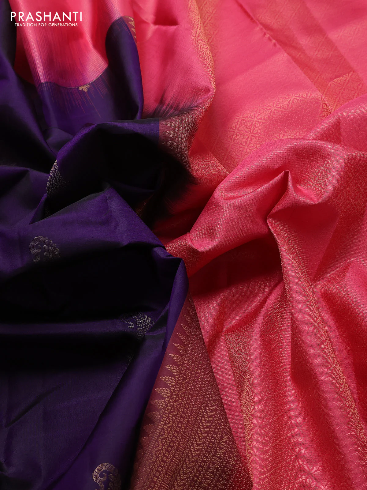 Pure kanchipuram silk saree violet and peach pink with zari woven paisley buttas and zari woven border - Image 3
