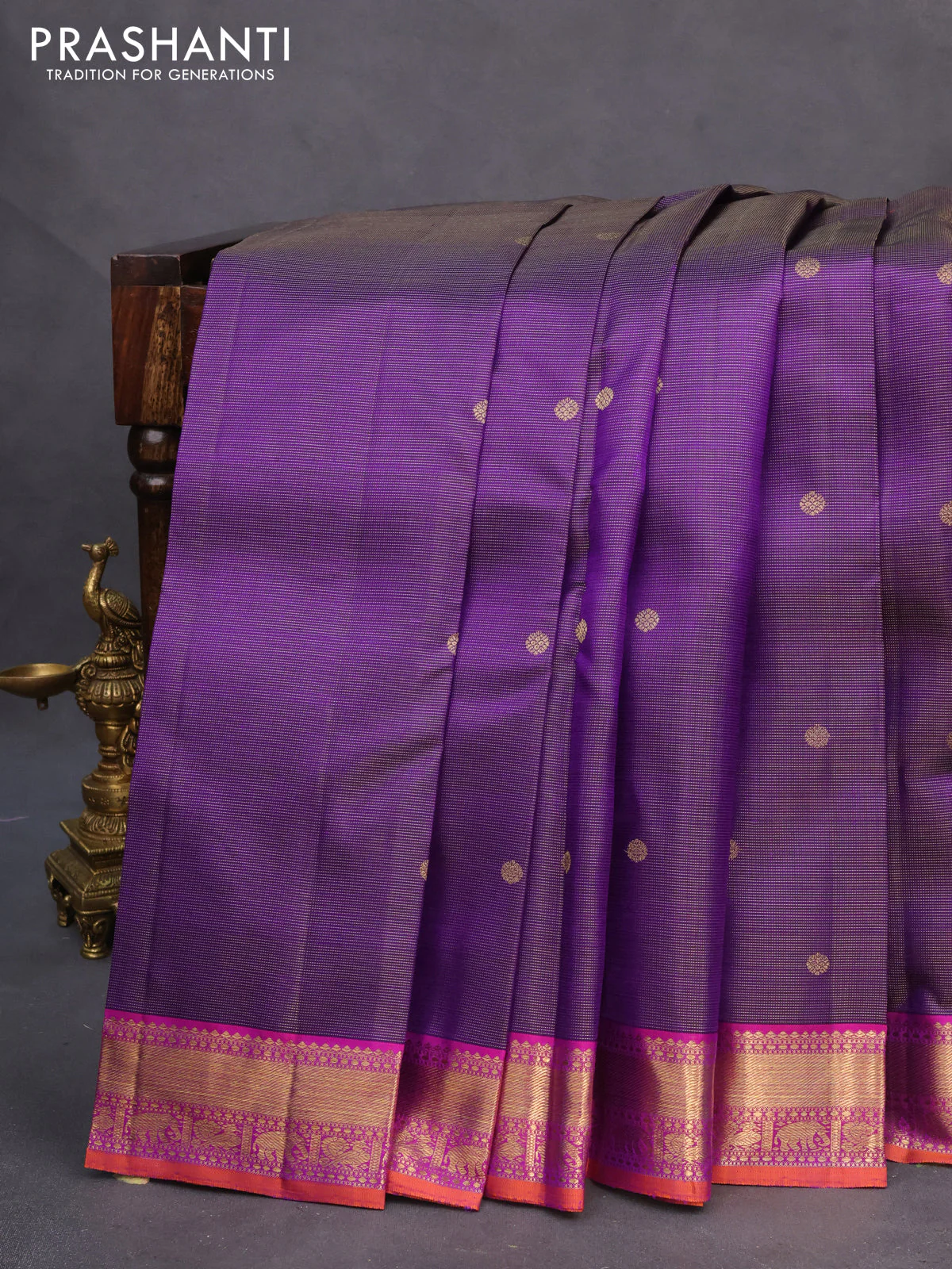 Pure kanchipuram silk saree violet and purple with allover zari weaves & buttas and zari woven border - Image 2