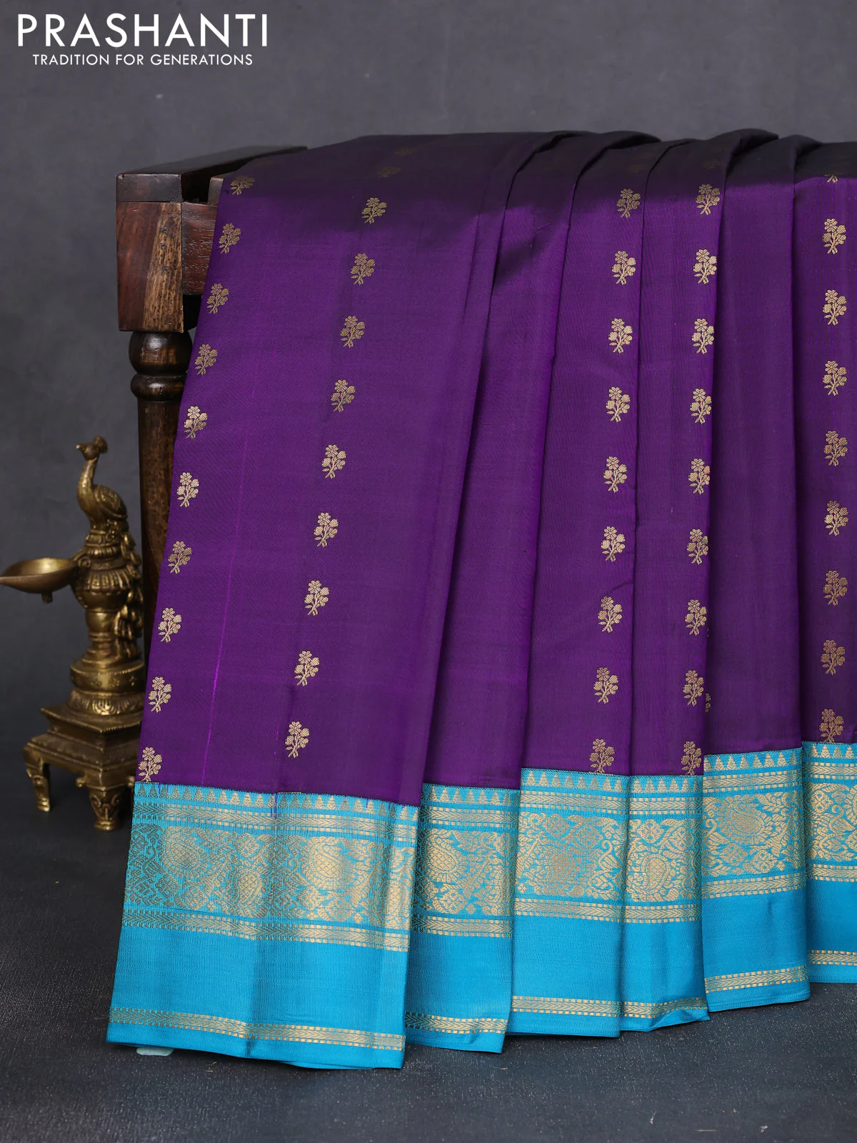 Pure kanchipuram silk saree violet and teal blue with allover zari woven buttas and rettapet zari woven korvai border
