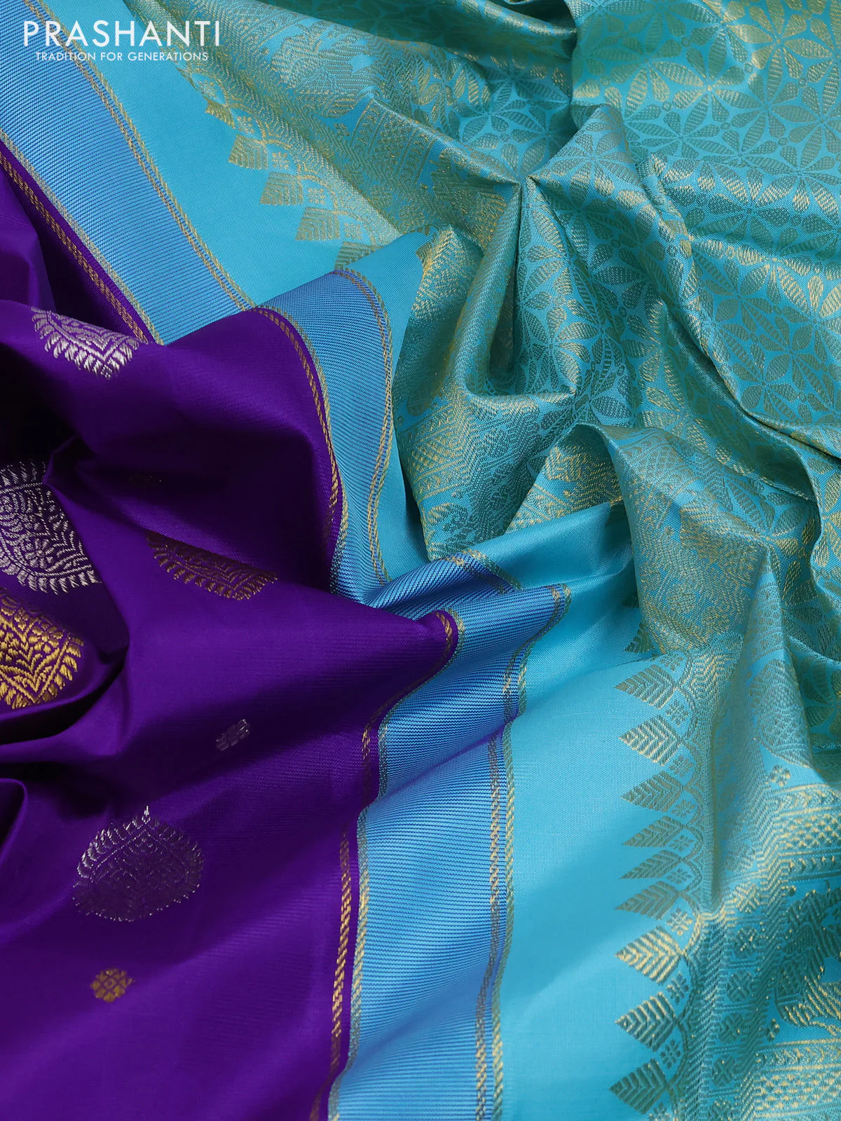 Pure kanchipuram silk saree violet and teal blue with silver & gold zari woven buttas in borderless style - Image 3