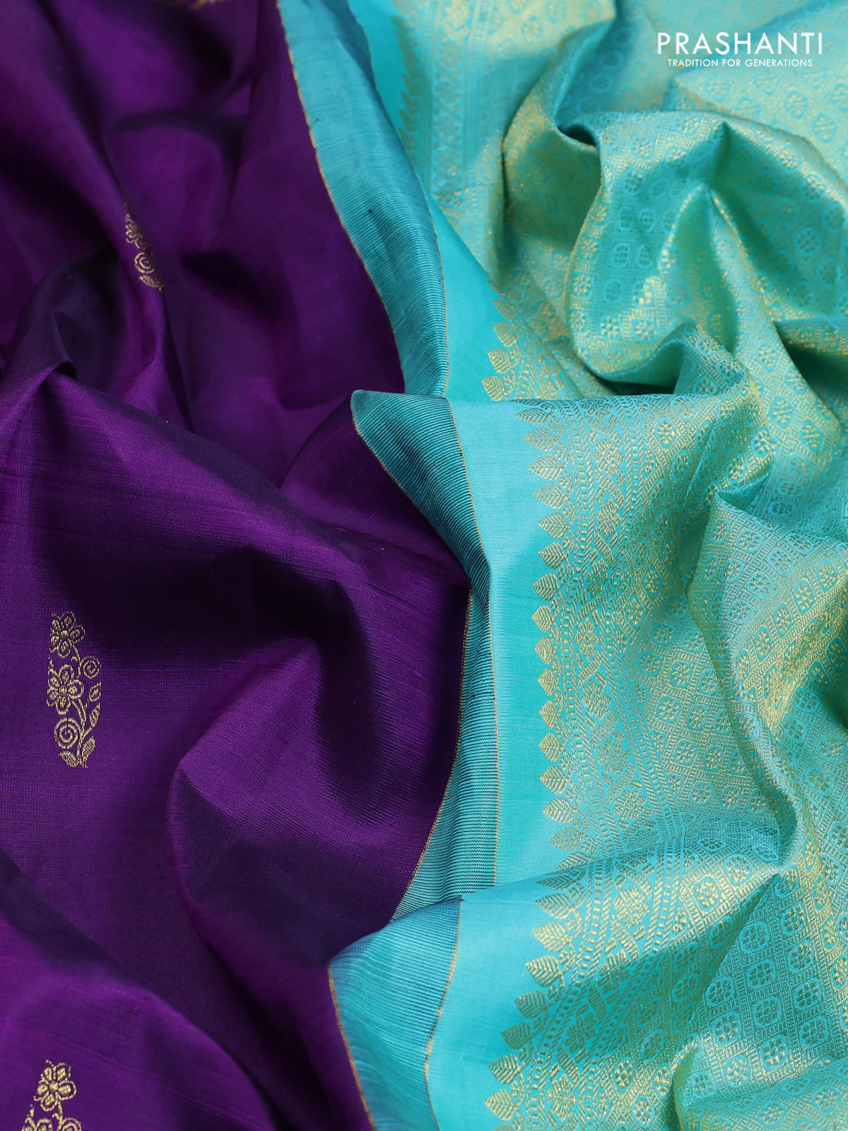 Pure kanchipuram silk saree violet and teal blue with zari woven buttas and long zari woven border - Image 3
