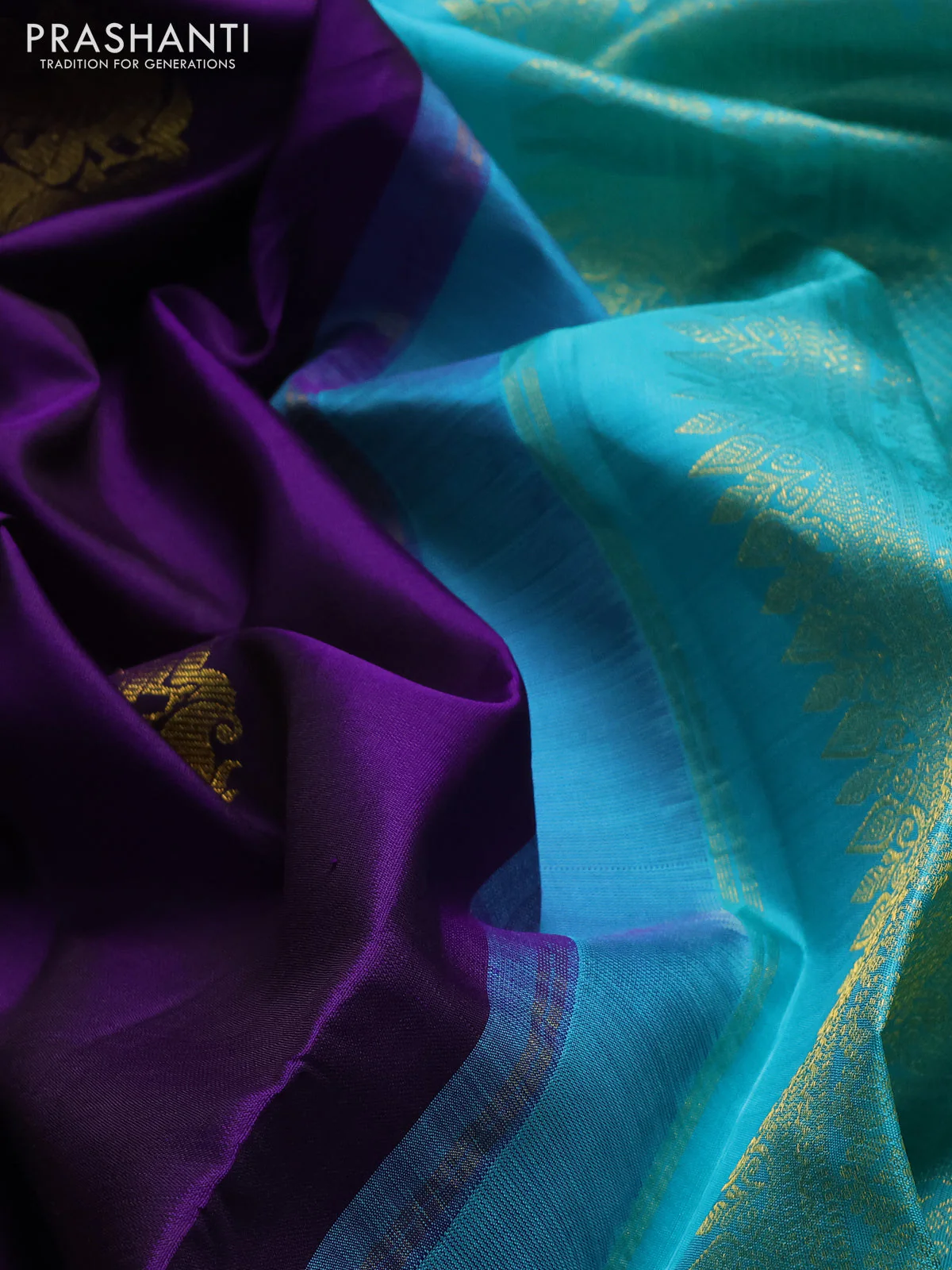 Pure kanchipuram silk saree violet and teal green shade with annam zari woven buttas and rich zari woven korvai border - Image 3