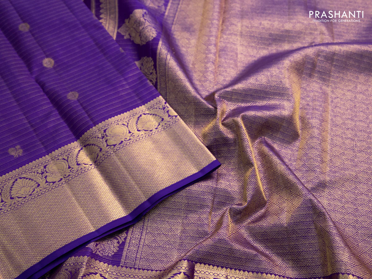 Pure kanchipuram silk saree violet with allover zari woven vairaosi pattern & buttas and zari woven border - Image 4