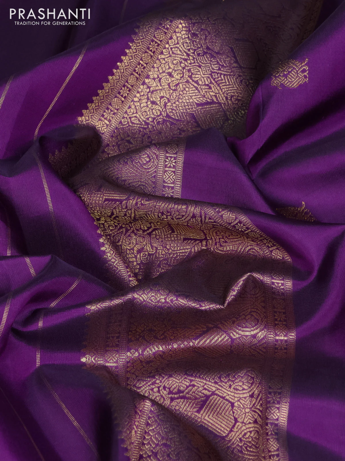 Pure kanchipuram silk saree violet with zari woven buttas and long zari woven border - Image 3