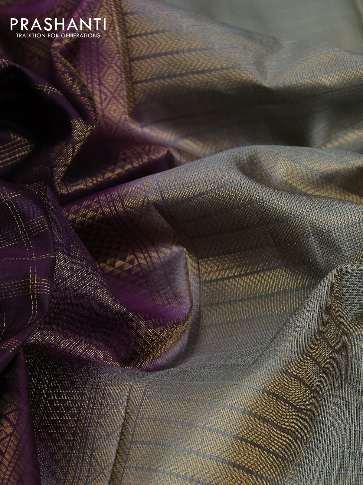 Pure kanchipuram silk saree wine shade and greyish green with allover zari checked pattern and rettapet zari woven border - Image 8