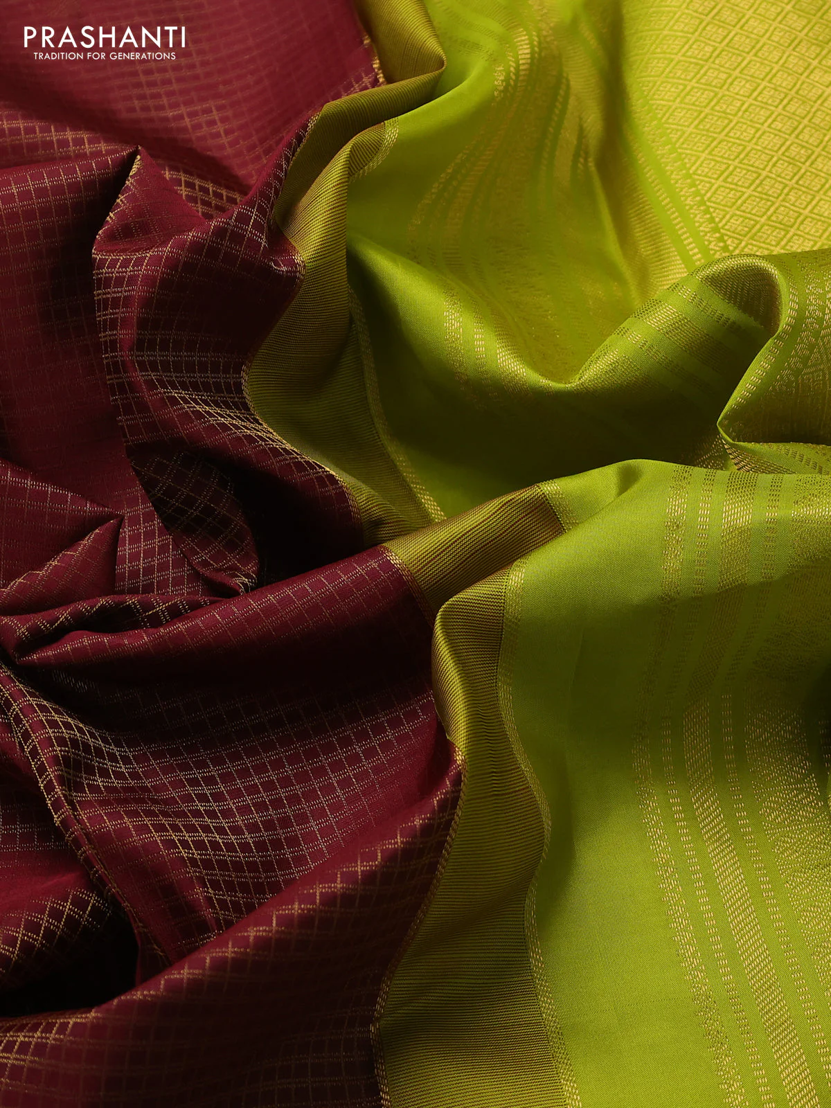 Pure kanchipuram silk saree wine shade and lime green with zari small checked pattern and zari woven korvai border - Image 3