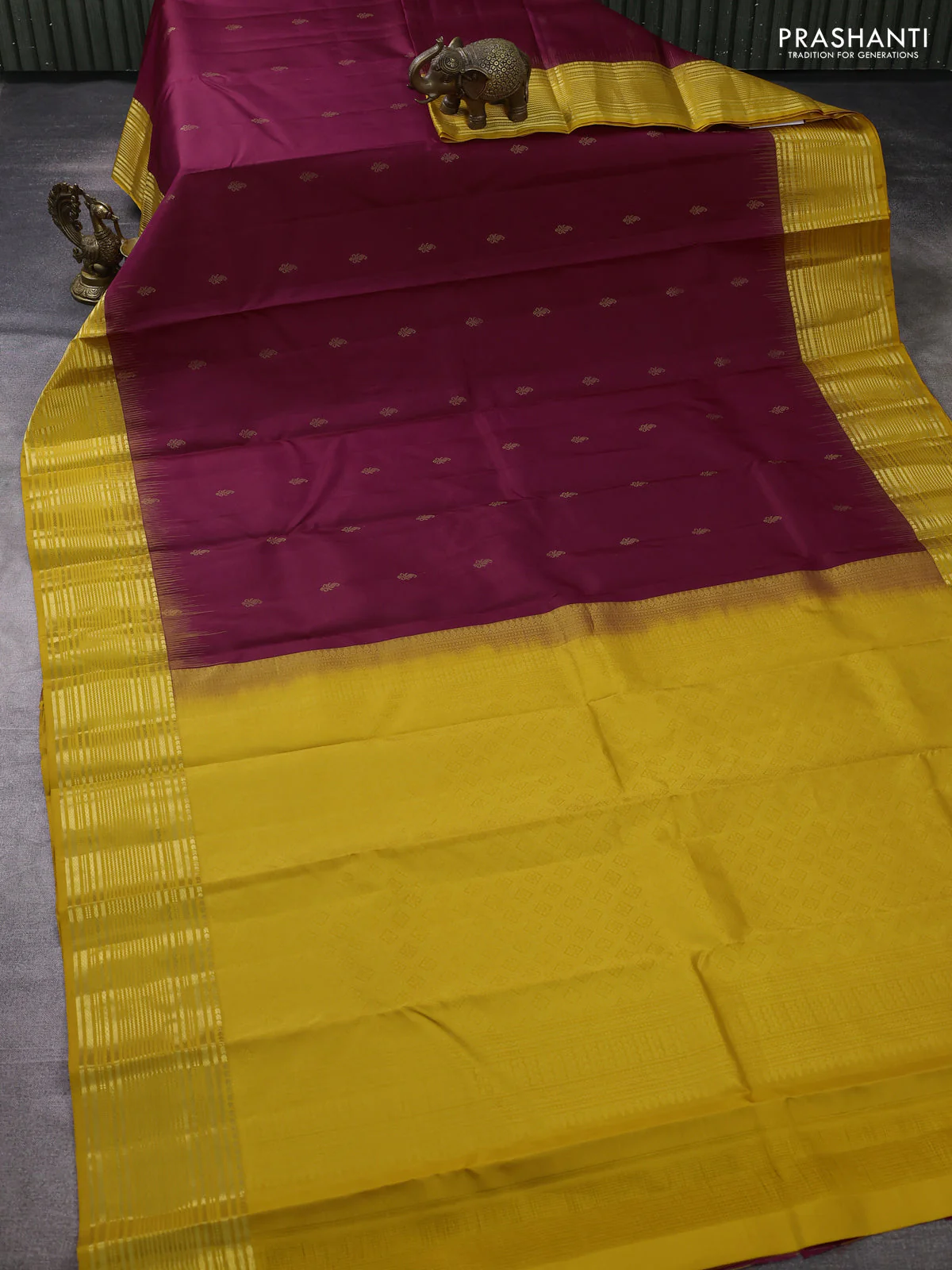 Pure kanchipuram silk saree wine shade and yellow with zari woven buttas and zari woven border - Image 2