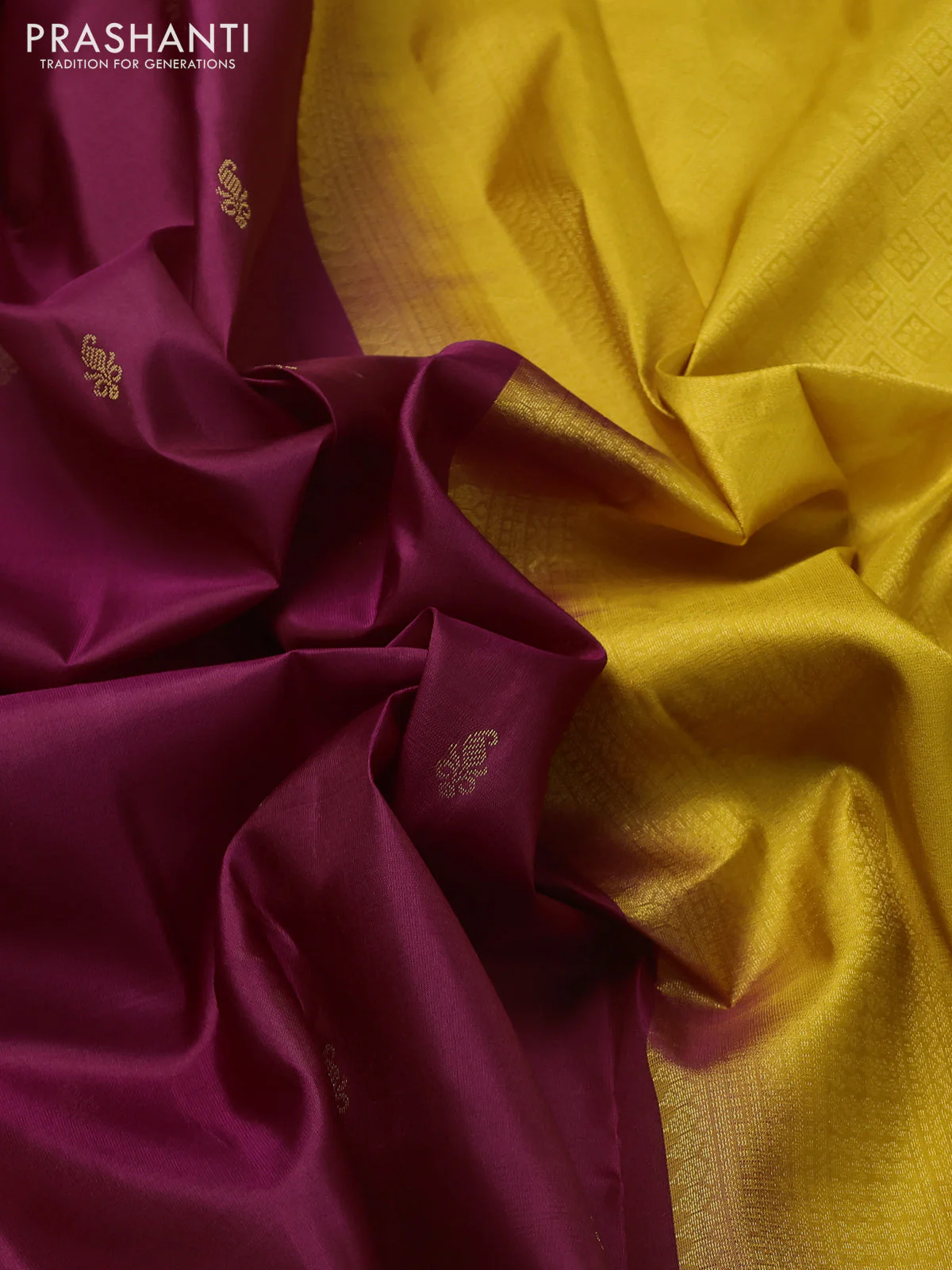 Pure kanchipuram silk saree wine shade and yellow with zari woven buttas and zari woven border - Image 3