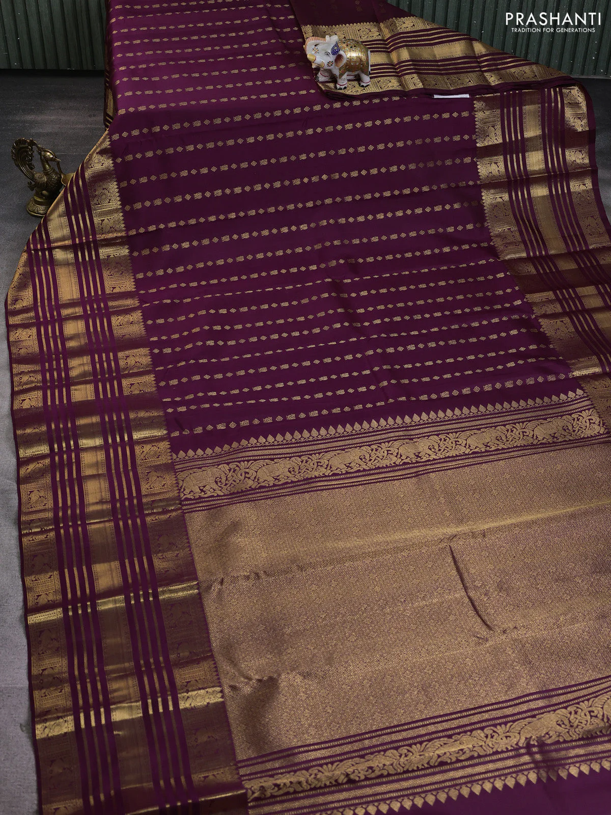 Pure kanchipuram silk saree wine shade with allover zari woven butta weaves and long rich zari woven border - Image 2
