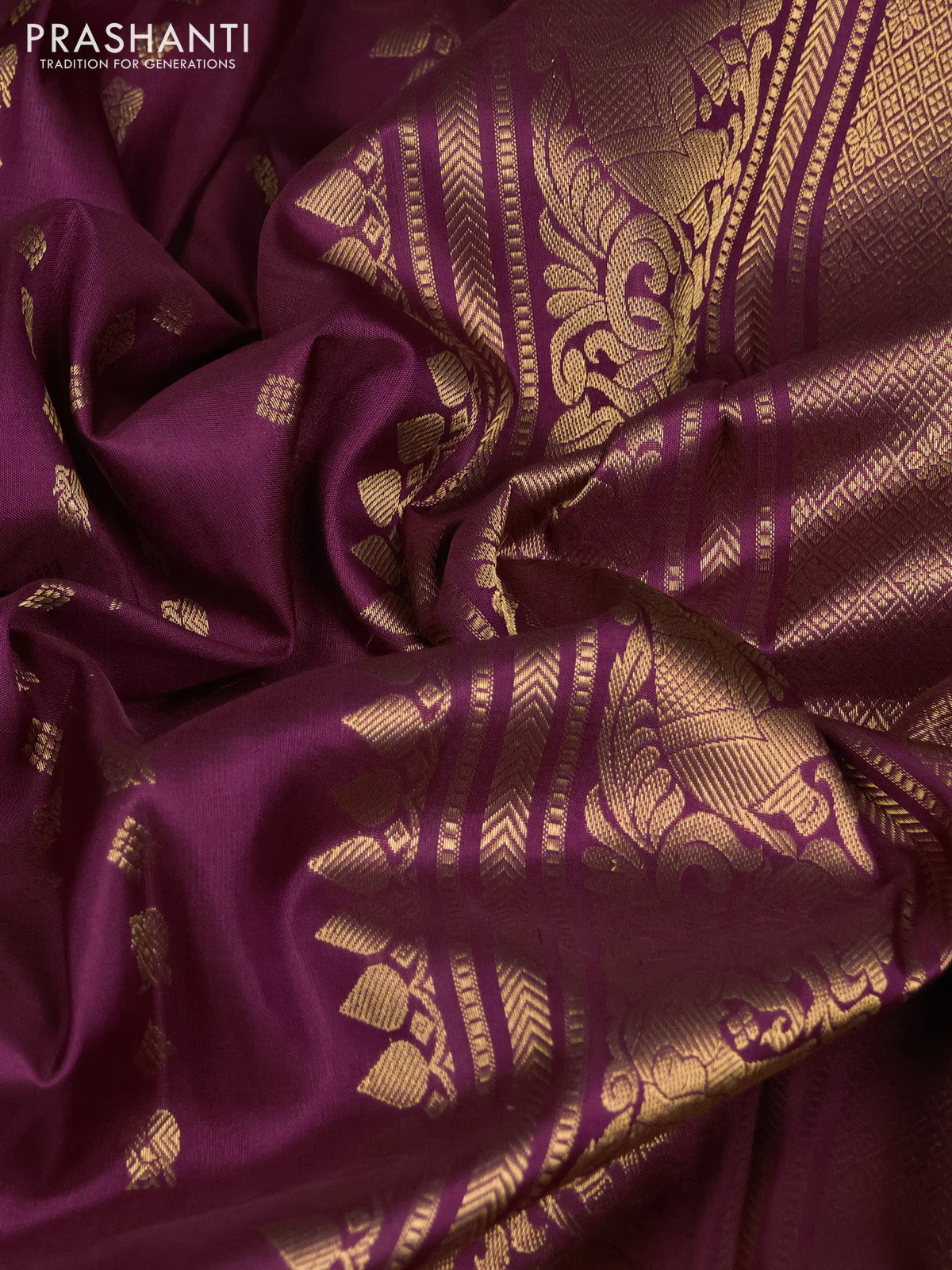 Pure kanchipuram silk saree wine shade with allover zari woven butta weaves and long rich zari woven border - Image 3