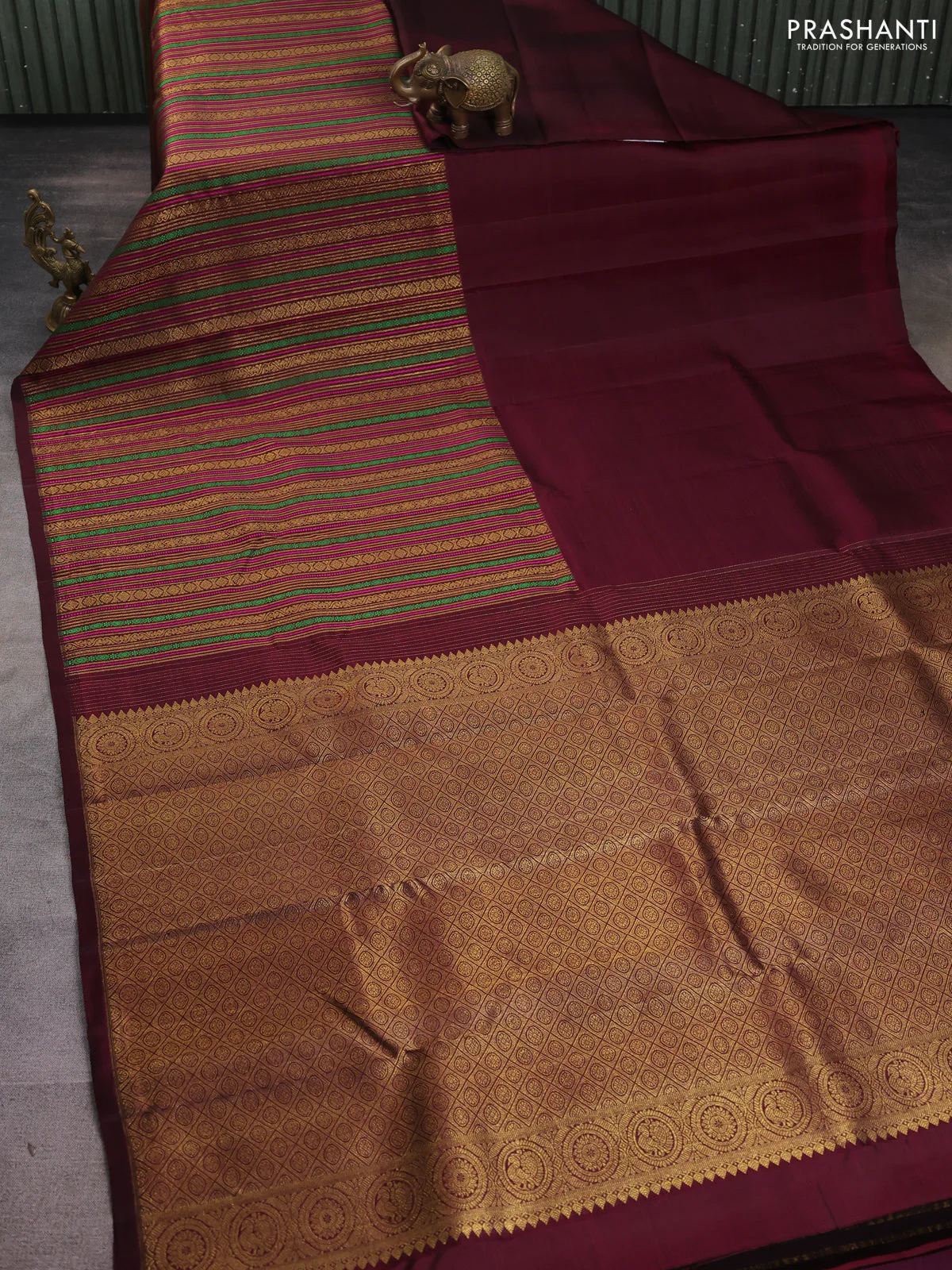 Pure kanchipuram silk saree wine shade with half & half style and long zari woven border - Image 2