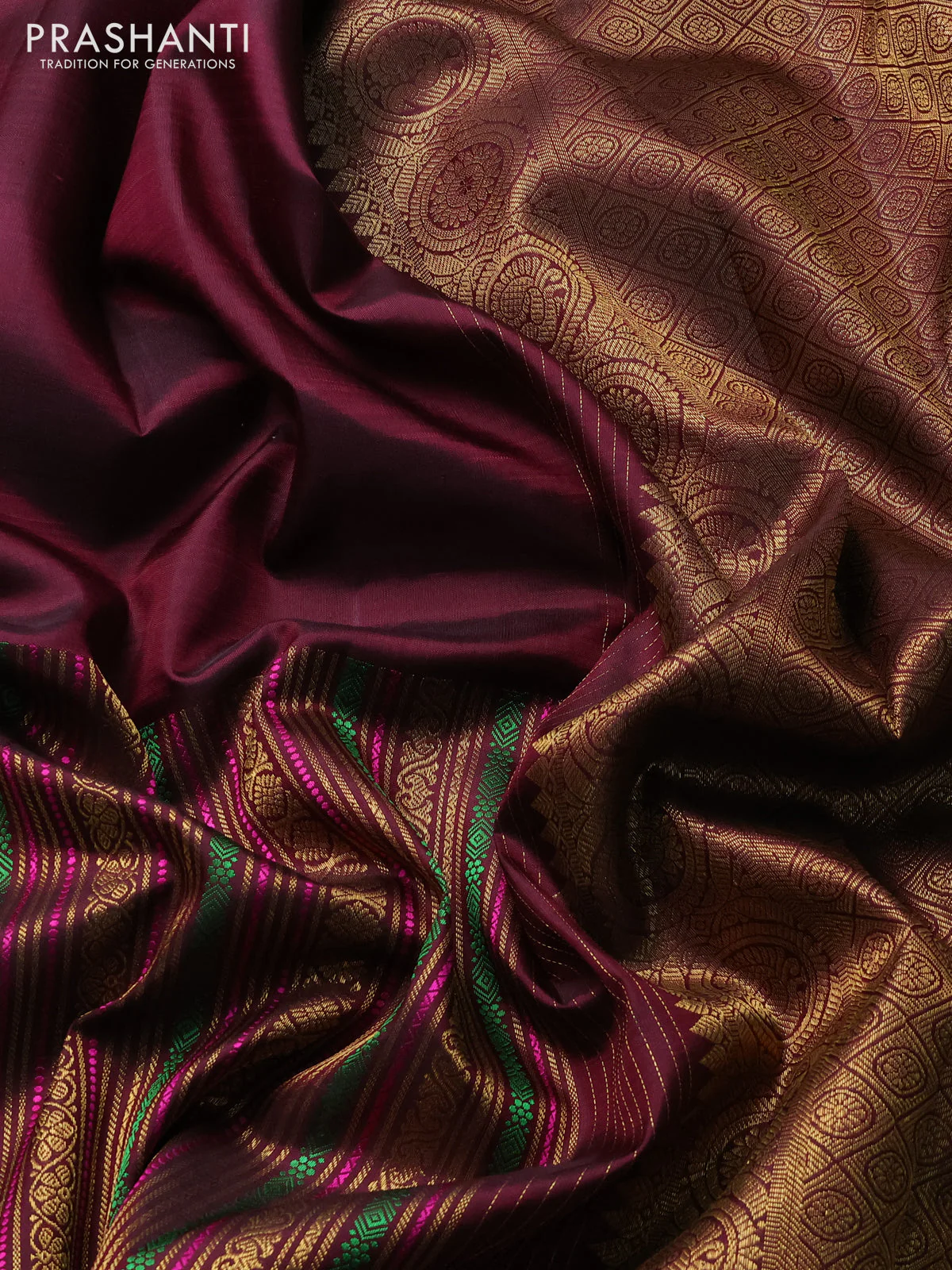 Pure kanchipuram silk saree wine shade with half & half style and long zari woven border - Image 3
