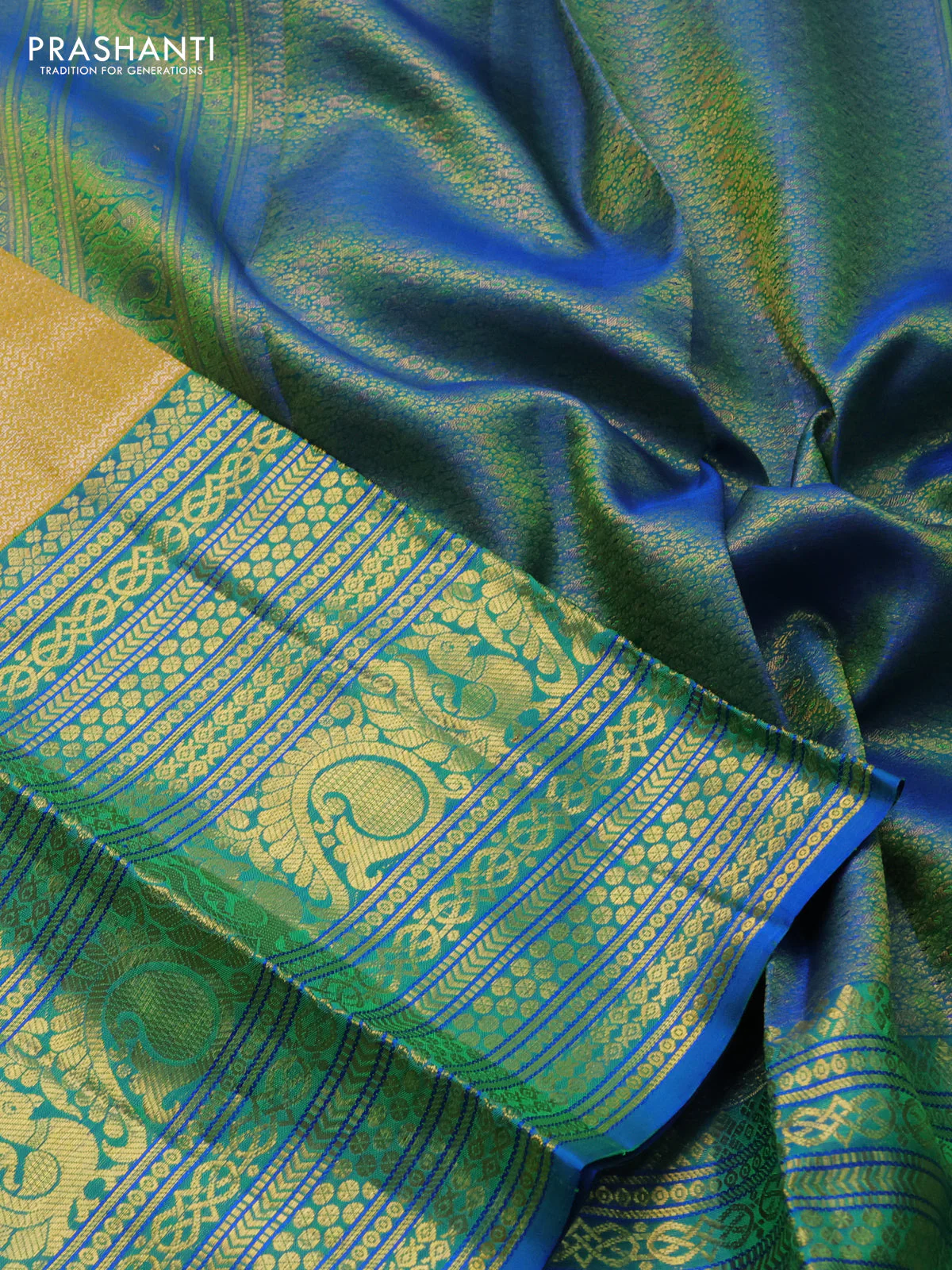 Pure kanchipuram silk saree yellow and blue with allover silver zari woven brocade weaves and long zari woven border - Image 3